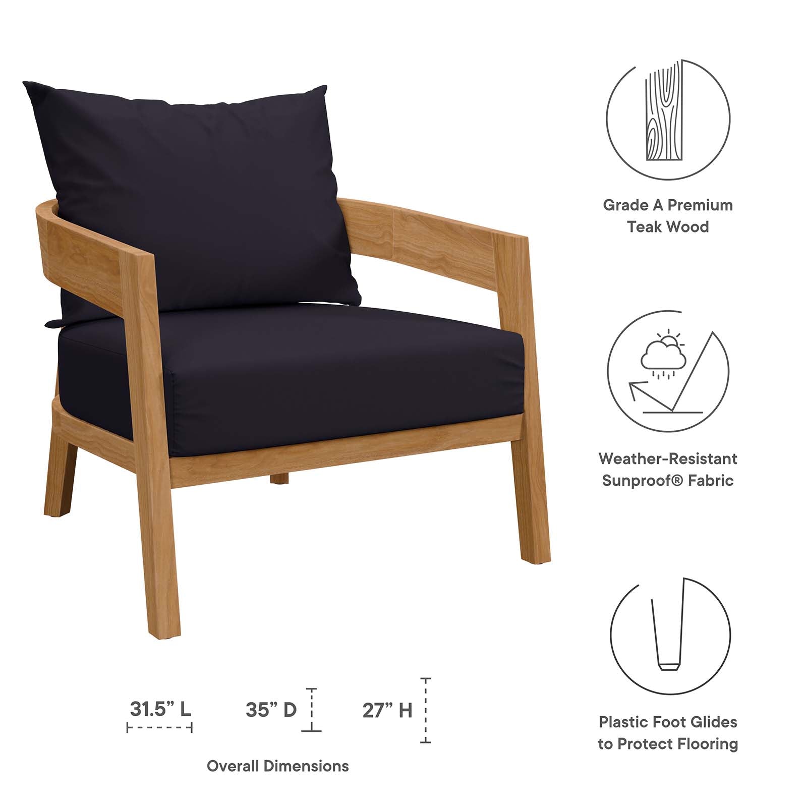 Modway Outdoor Chairs - Brisbane Teak Wood Outdoor Patio Armchair Natural Navy