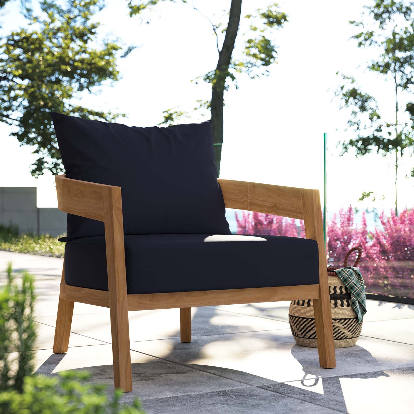 Modway Outdoor Chairs - Brisbane Teak Wood Outdoor Patio Armchair Natural Navy