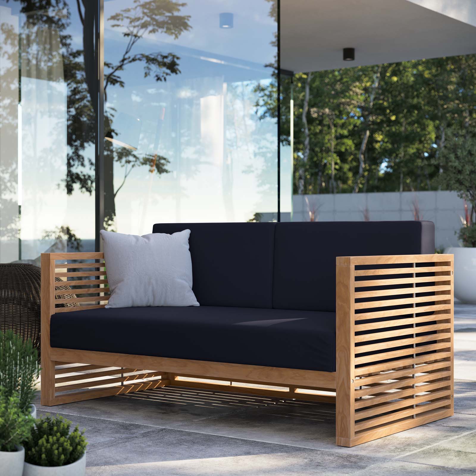 Modway Outdoor Sofas - Carlsbad Teak Wood Outdoor Patio Loveseat Natural Navy