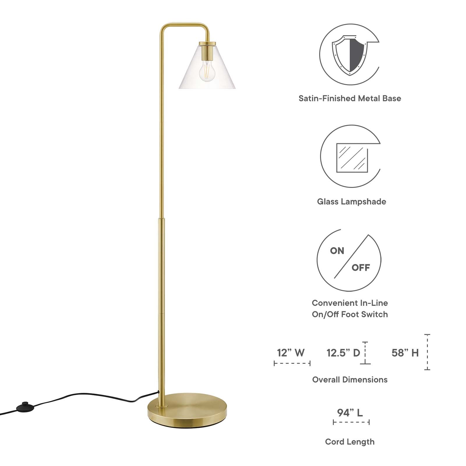 Modway Floor Lamps - Element Transparent Glass Glass And Metal Floor Lamp Satin Brass