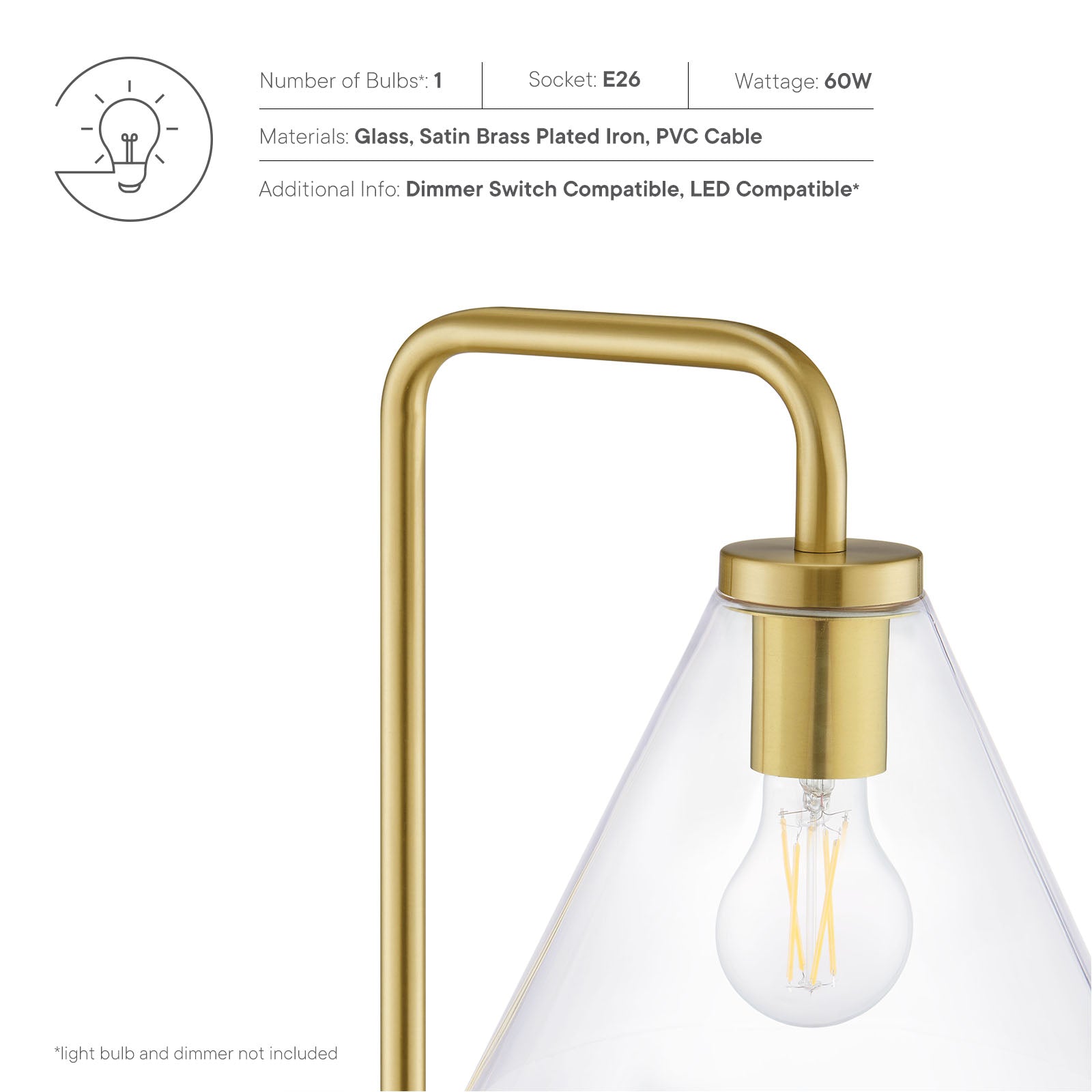Modway Floor Lamps - Element Transparent Glass Glass And Metal Floor Lamp Satin Brass