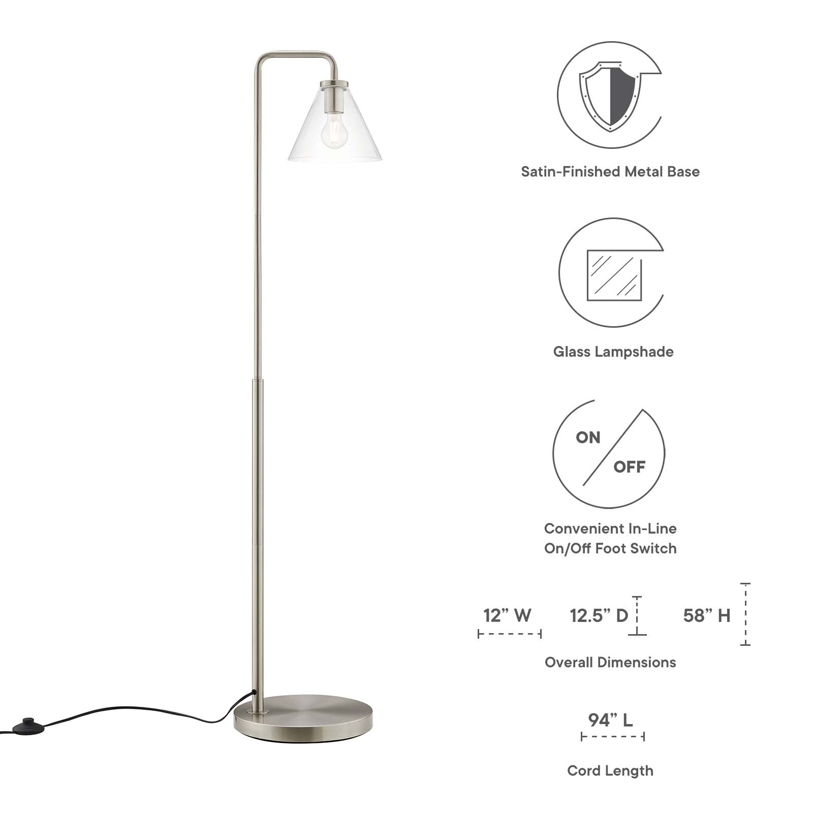 Modway Floor Lamps - Element Transparent Glass Glass And Metal Floor Lamp Satin Nickel