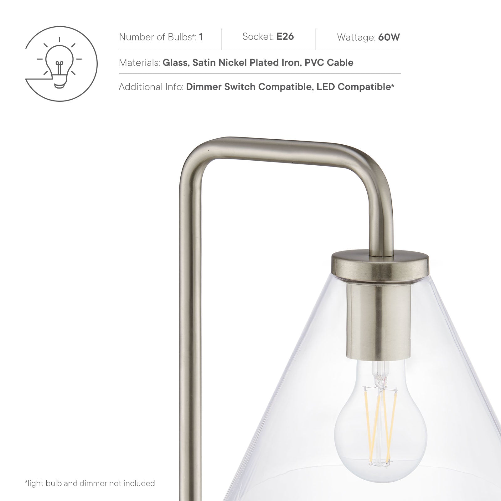 Modway Floor Lamps - Element Transparent Glass Glass And Metal Floor Lamp Satin Nickel