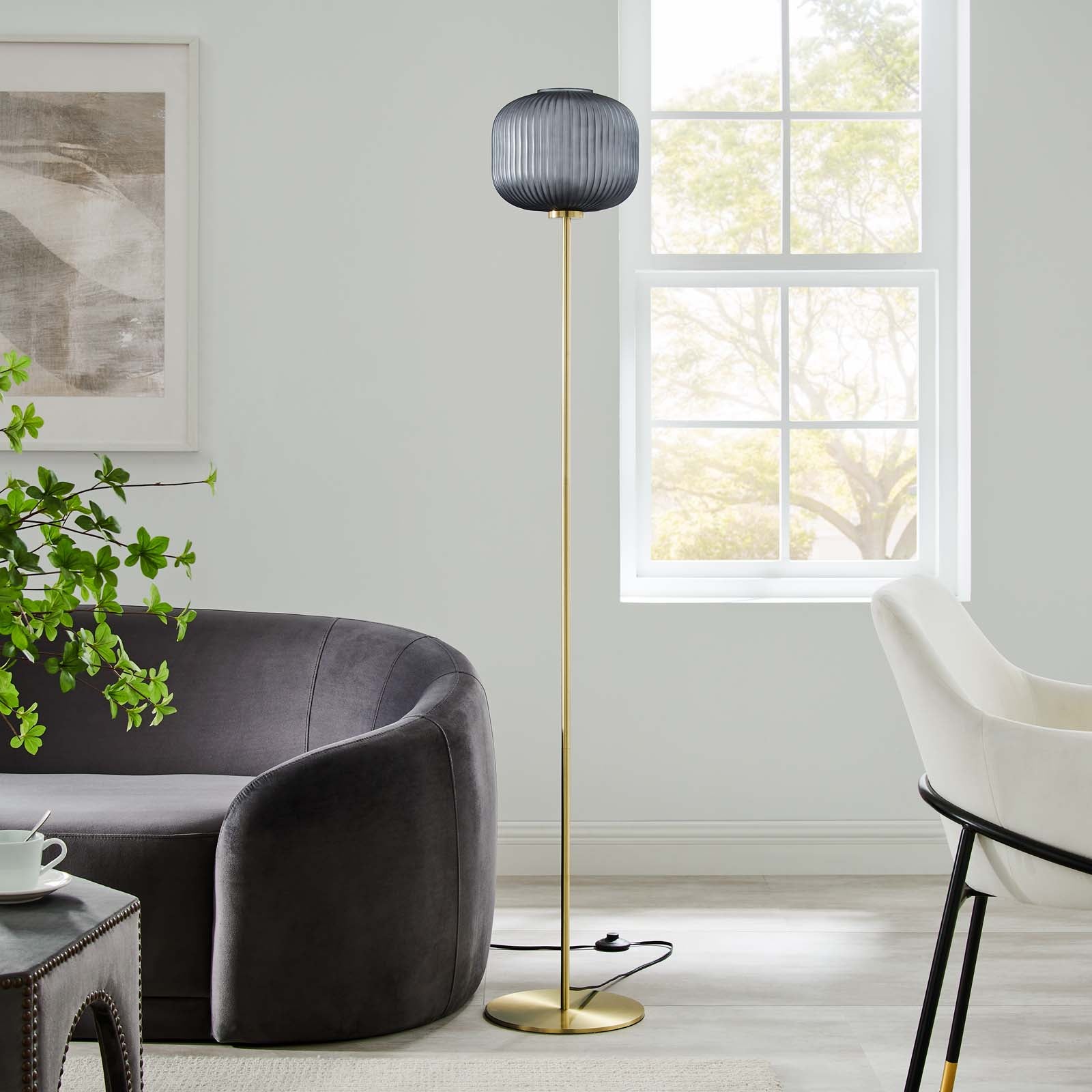 Modway Floor Lamps - Reprise Glass Sphere Glass And Metal Floor Lamp Black Satin Brass