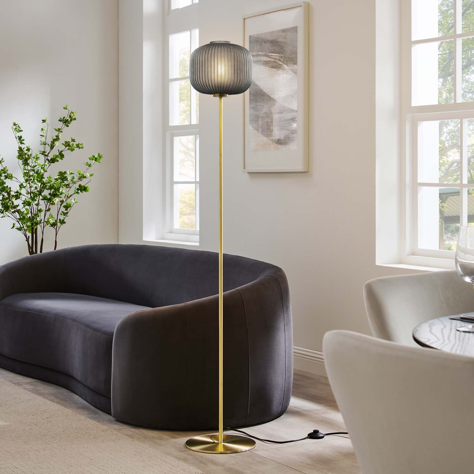 Modway Floor Lamps - Reprise Glass Sphere Glass And Metal Floor Lamp Black Satin Brass