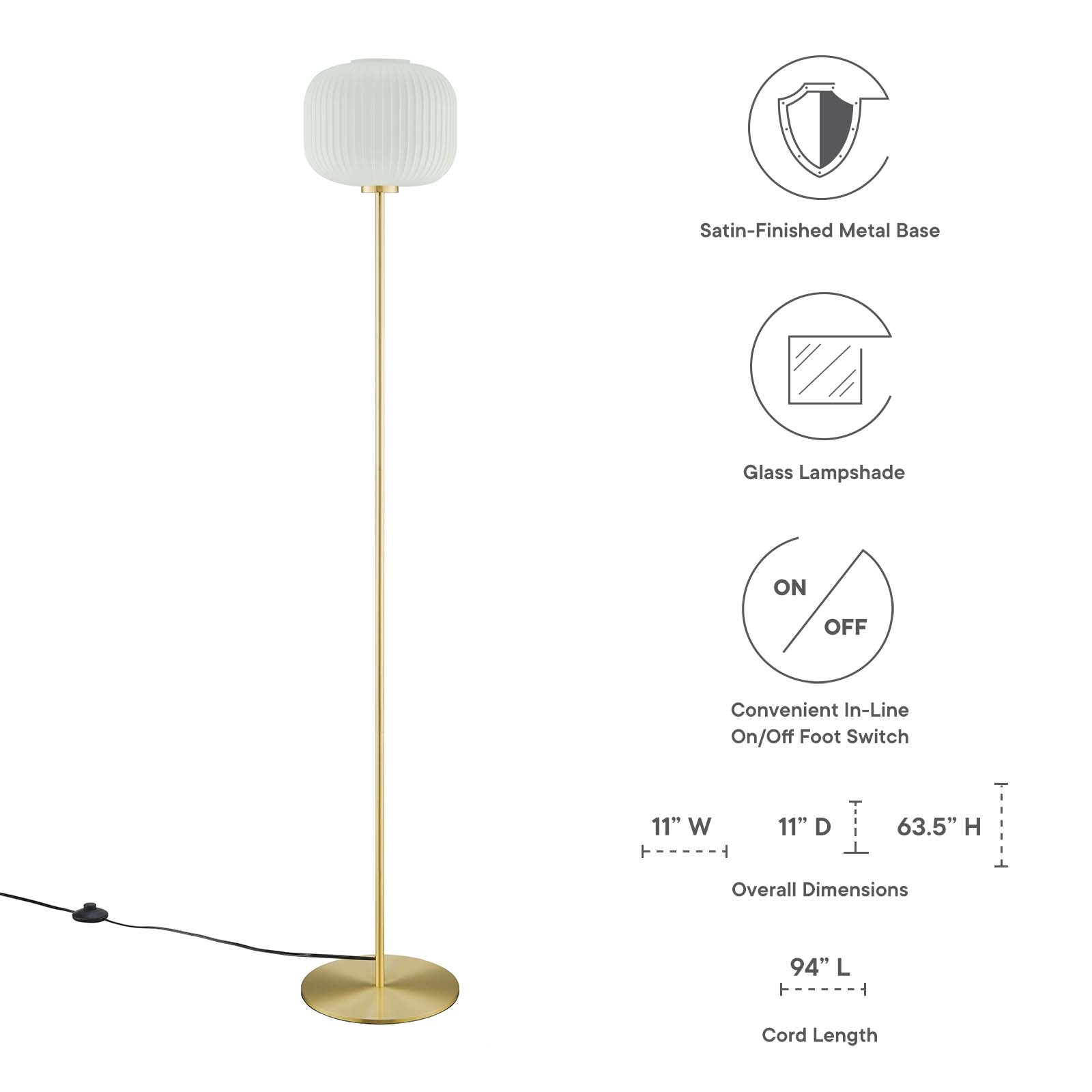 Modway Floor Lamps - Reprise Glass Sphere Glass And Metal Floor Lamp White Satin Brass