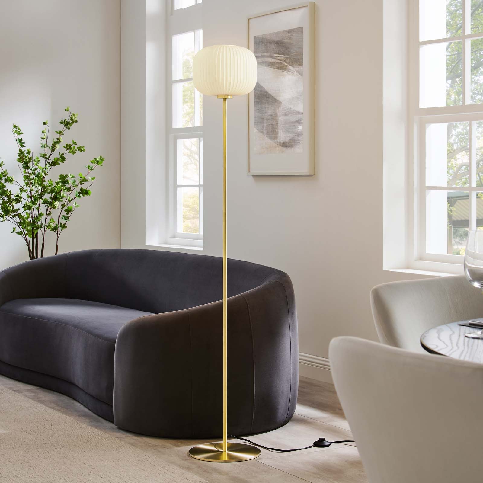 Modway Floor Lamps - Reprise Glass Sphere Glass And Metal Floor Lamp White Satin Brass