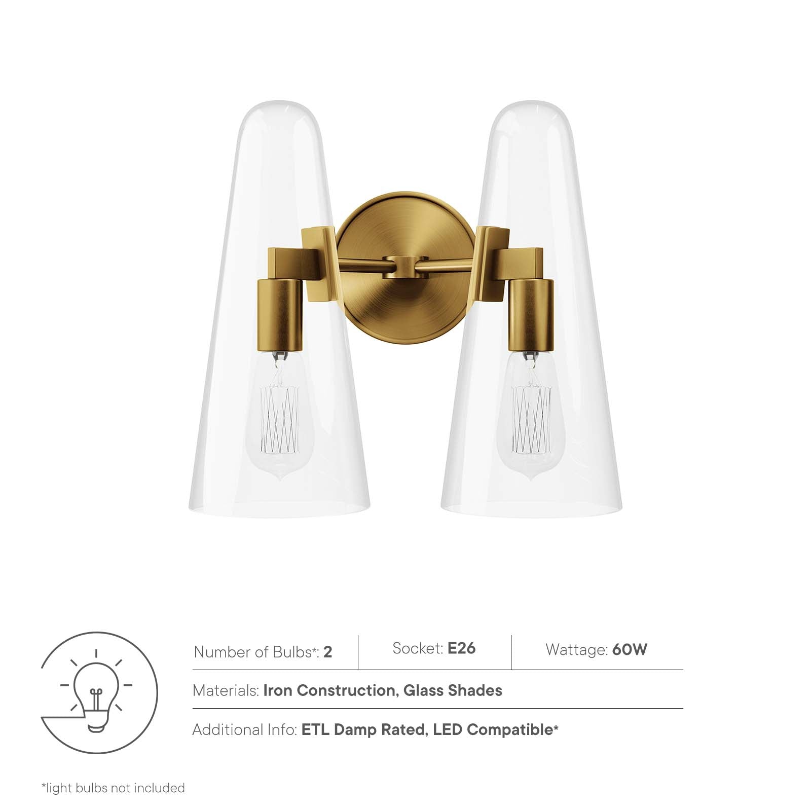 Modway Wall Sconces - Beacon 2-Light Wall Sconce Clear Satin Brass