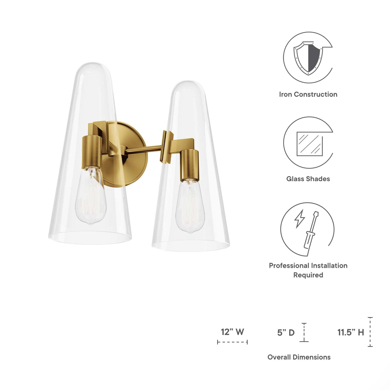 Modway Wall Sconces - Beacon 2-Light Wall Sconce Clear Satin Brass