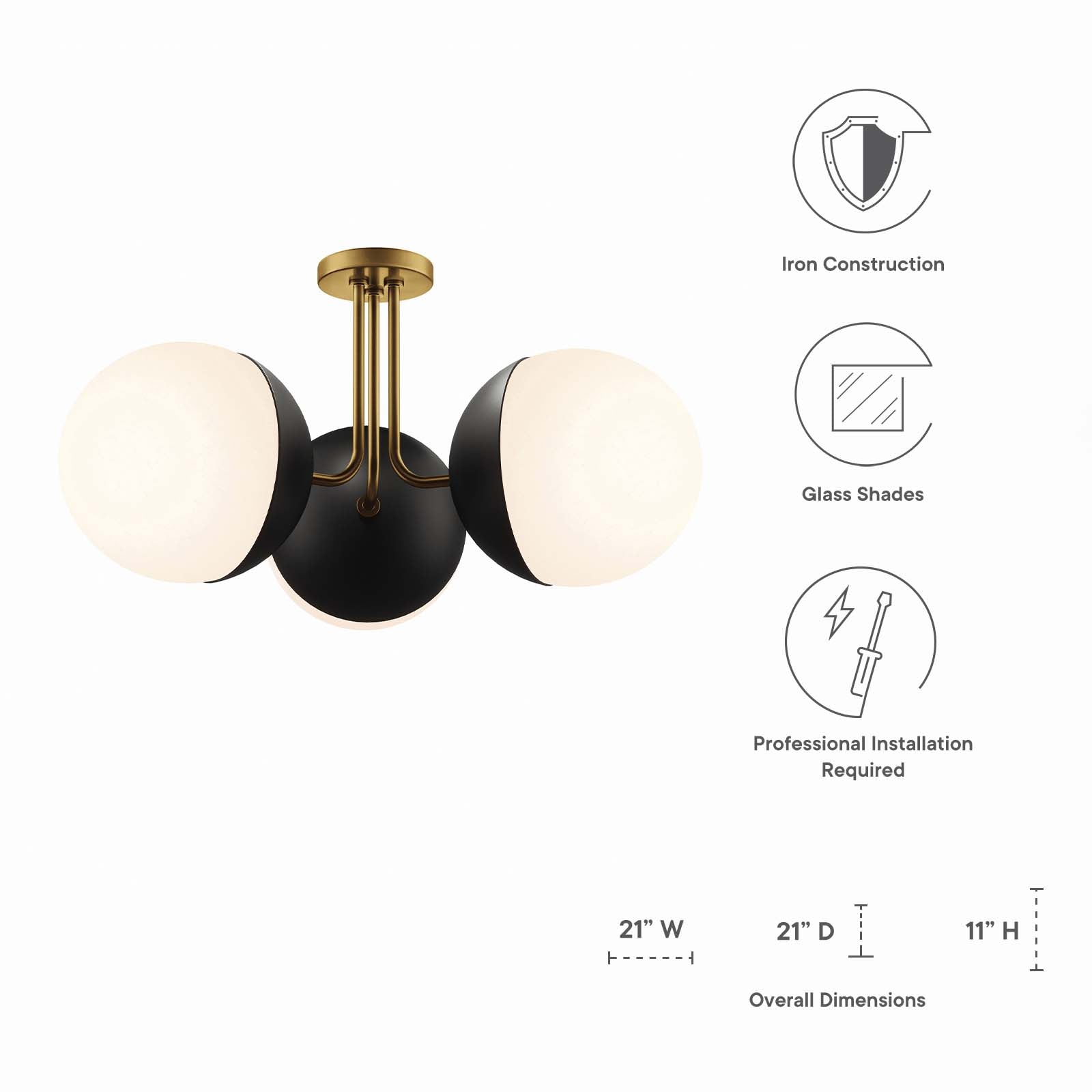 Modway Ceiling Lights - Stellar 3-Light Semi-Flush Ceiling Light Opal Satin Brass
