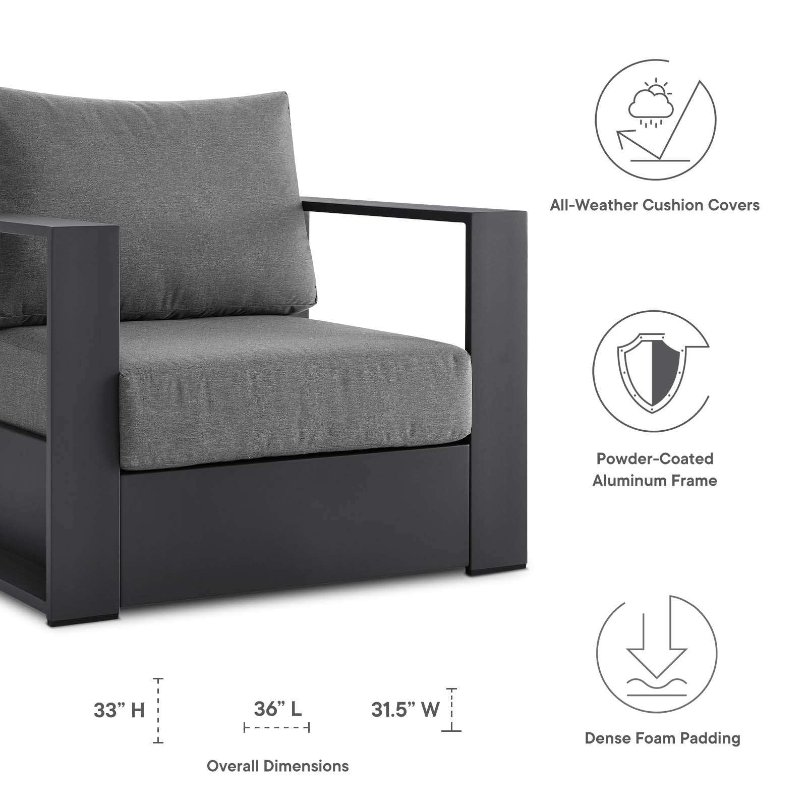 Modway Outdoor Chairs - Tahoe Outdoor Patio Powder-Coated Aluminum Armchair Gray Charcoal