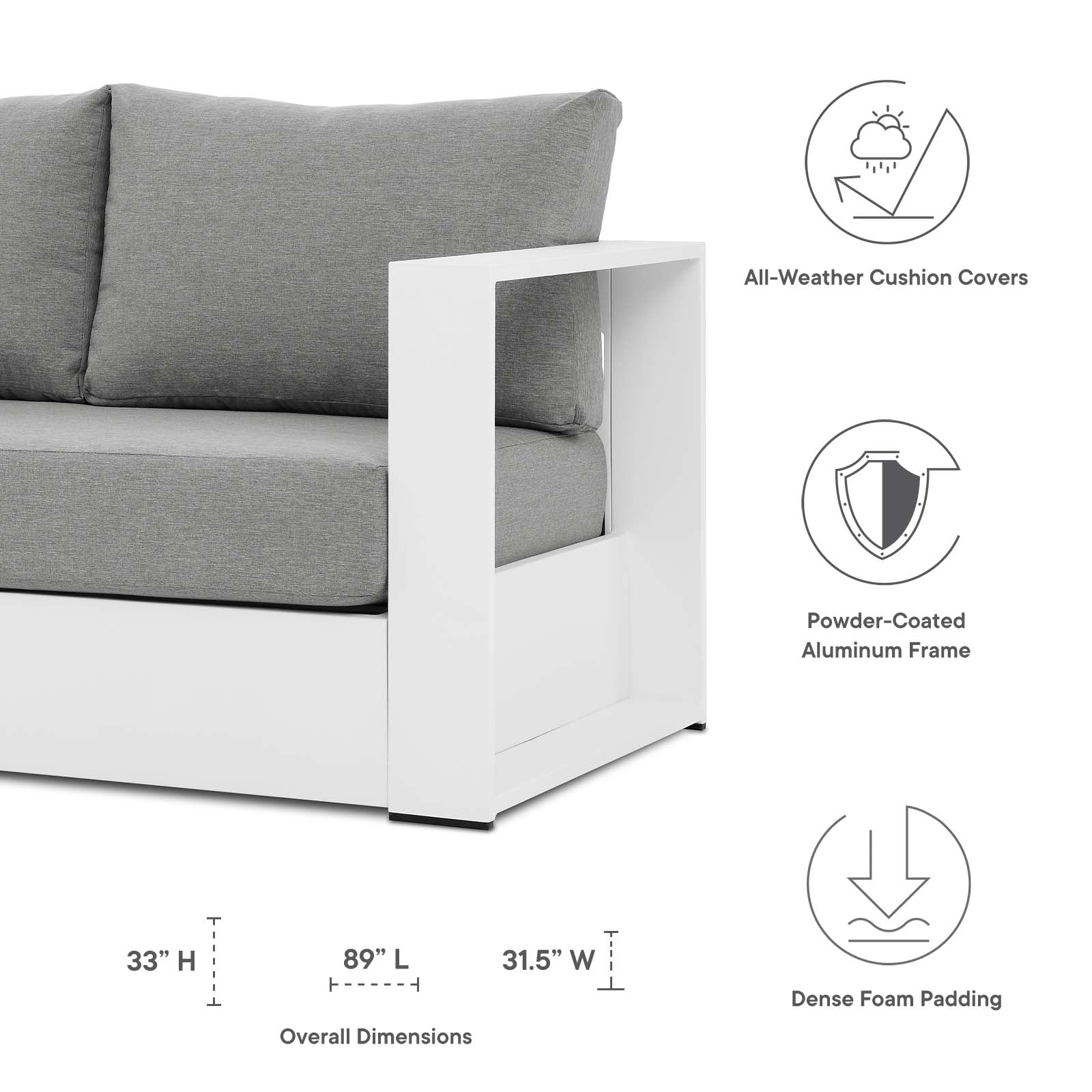 Modway Outdoor Sofas - Tahoe Outdoor Patio Powder-Coated Aluminum Sofa White Gray