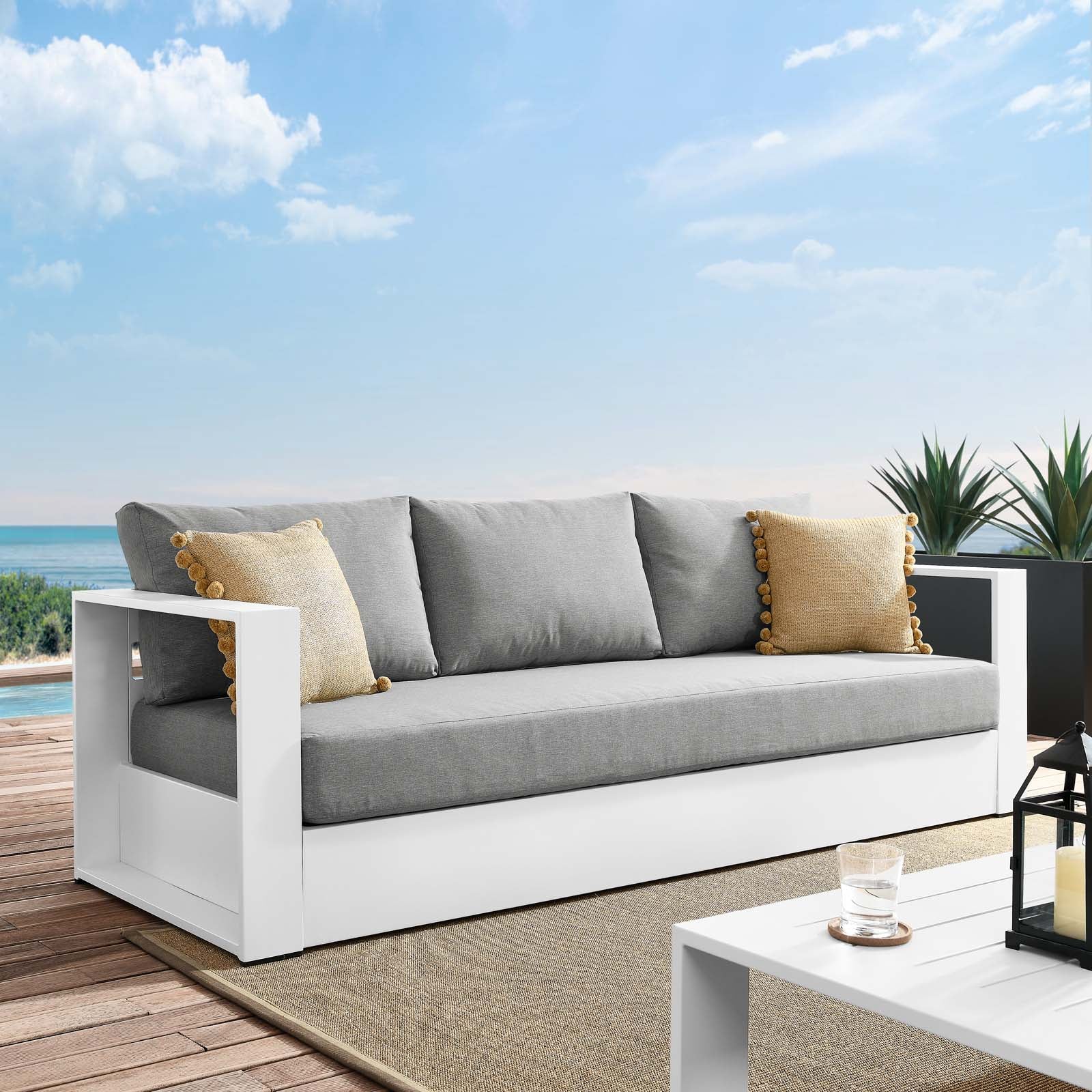 Modway Outdoor Sofas - Tahoe Outdoor Patio Powder-Coated Aluminum Sofa White Gray