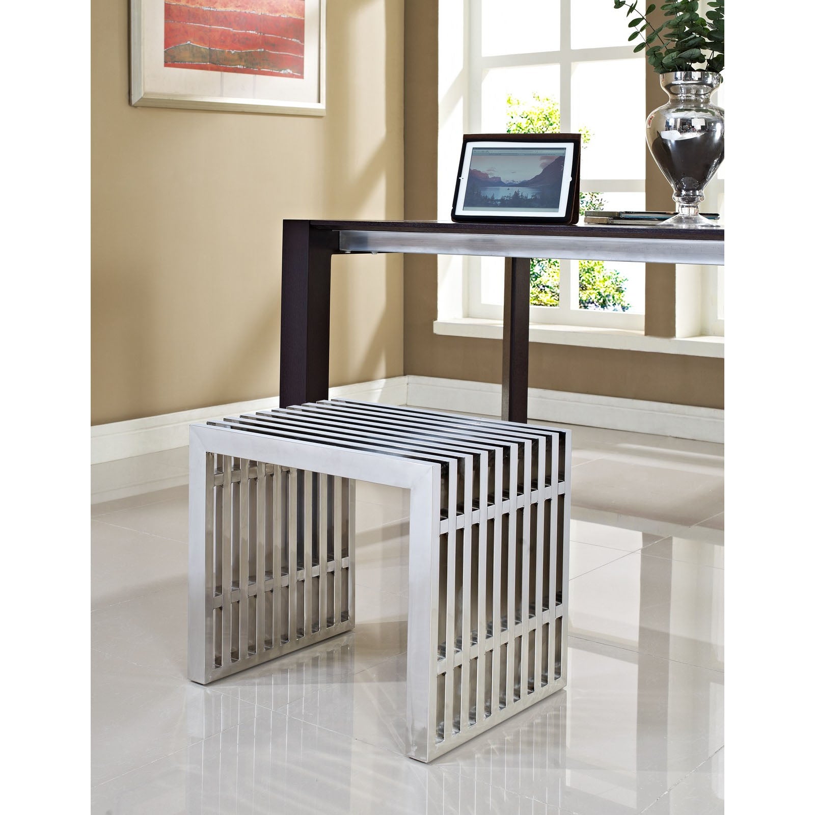 Modway Benches - Gridiron Small Stainless Steel Bench Silver