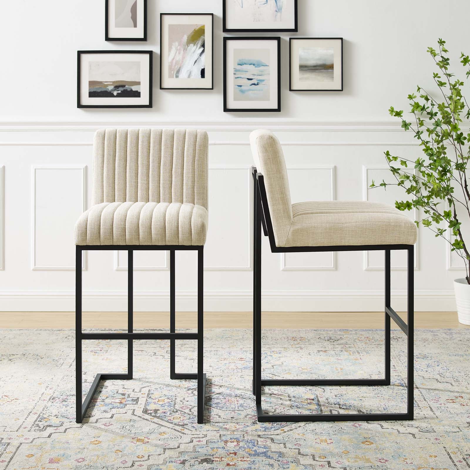 Modway Barstools - Indulge Channel Tufted Fabric Bar Stools Beige (Set of 2)