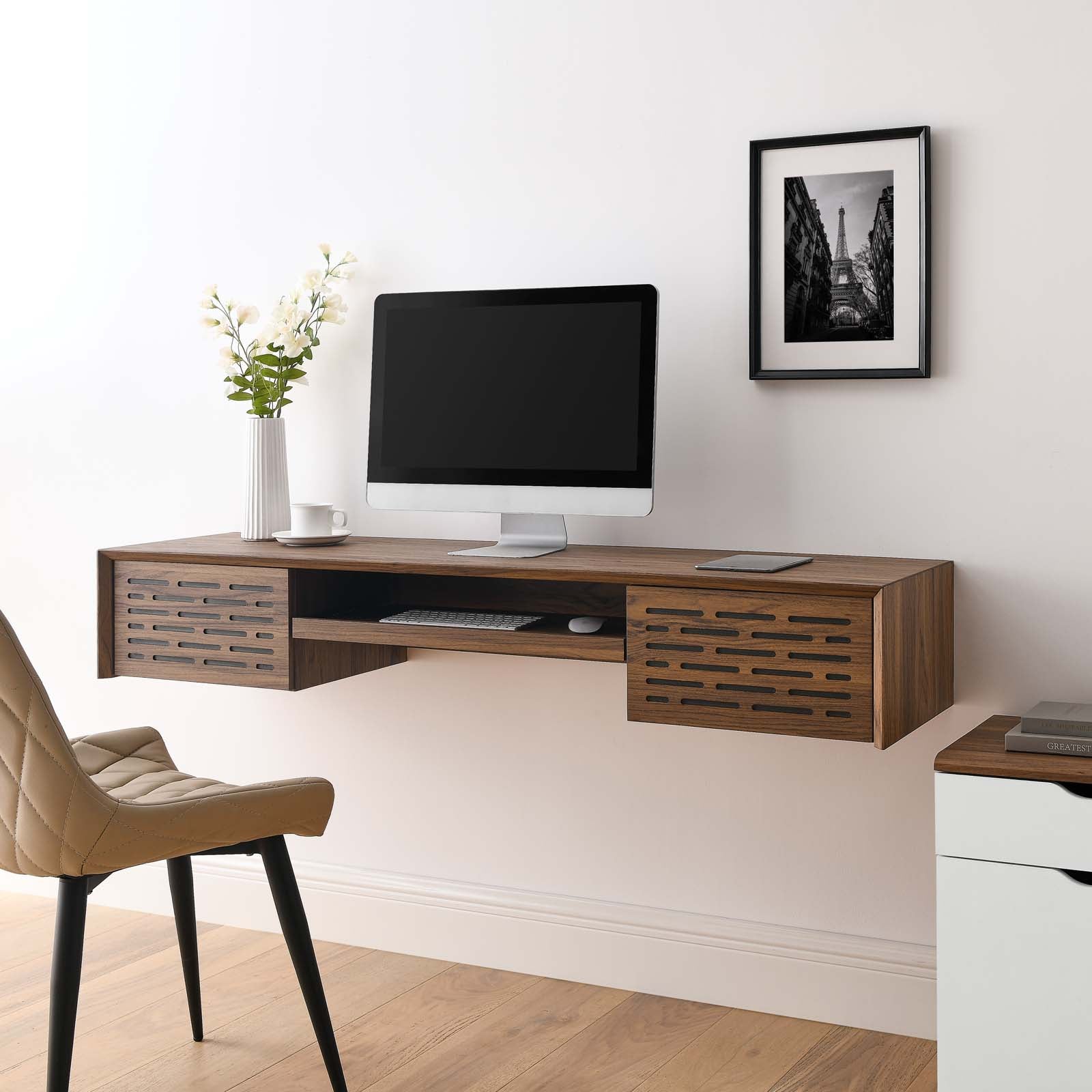 Modway Desks - Merit 60" Wall Mount Wood Office Desk Walnut