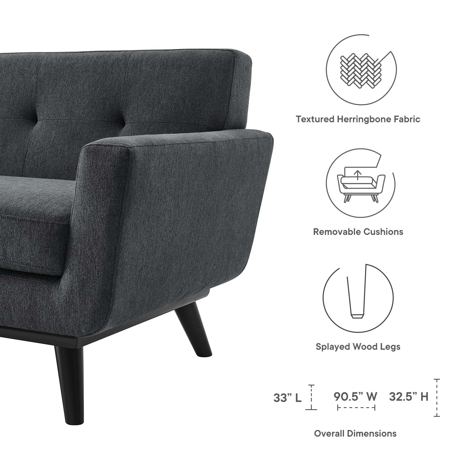 Modway Sofas & Couches - Engage Herringbone Fabric Sofa Charcoal