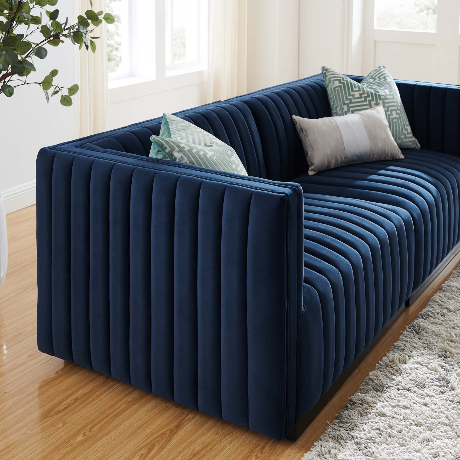 Modway Loveseats - Conjure Channel Tufted Performance Velvet Loveseat Black Midnight Blue