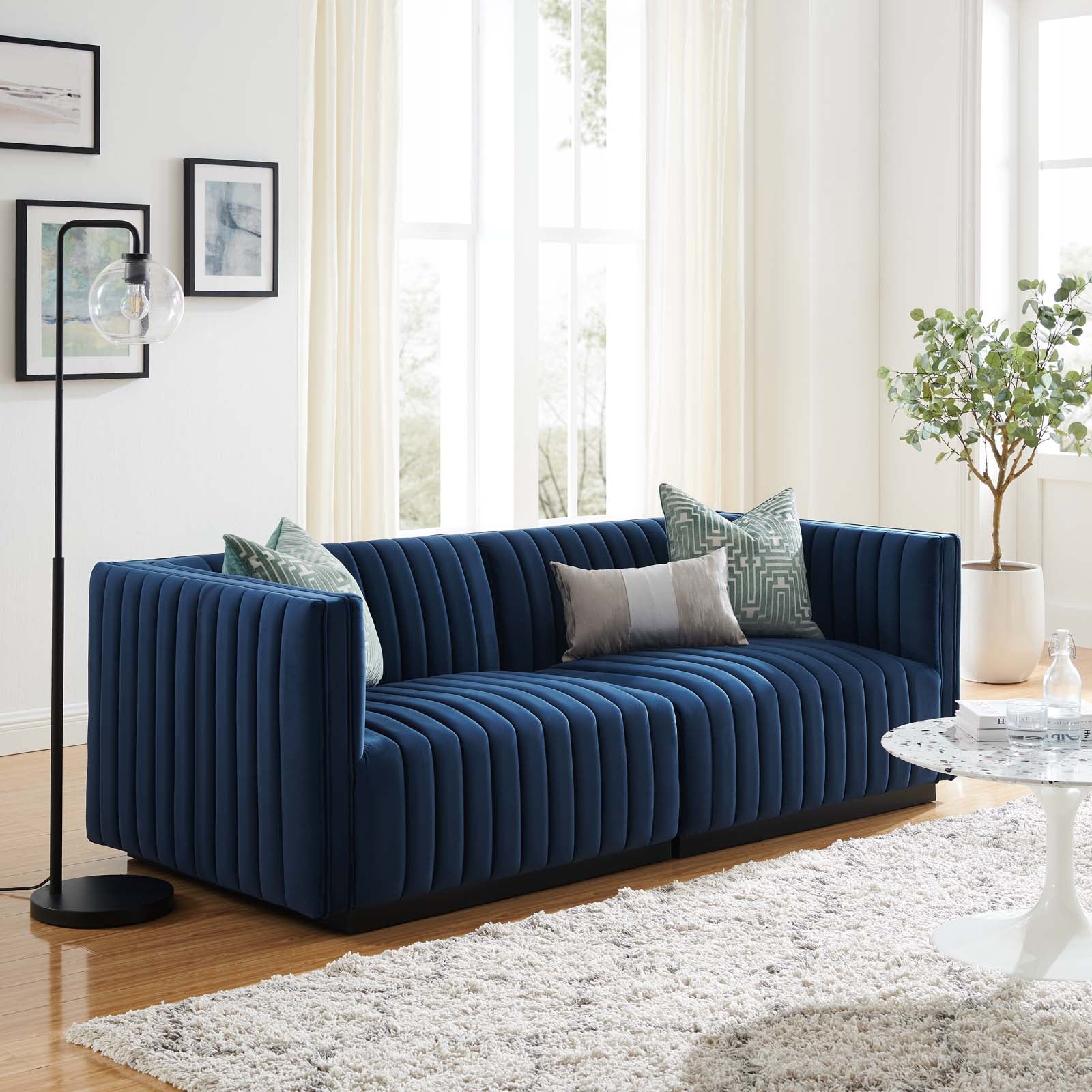 Modway Loveseats - Conjure Channel Tufted Performance Velvet Loveseat Black Midnight Blue