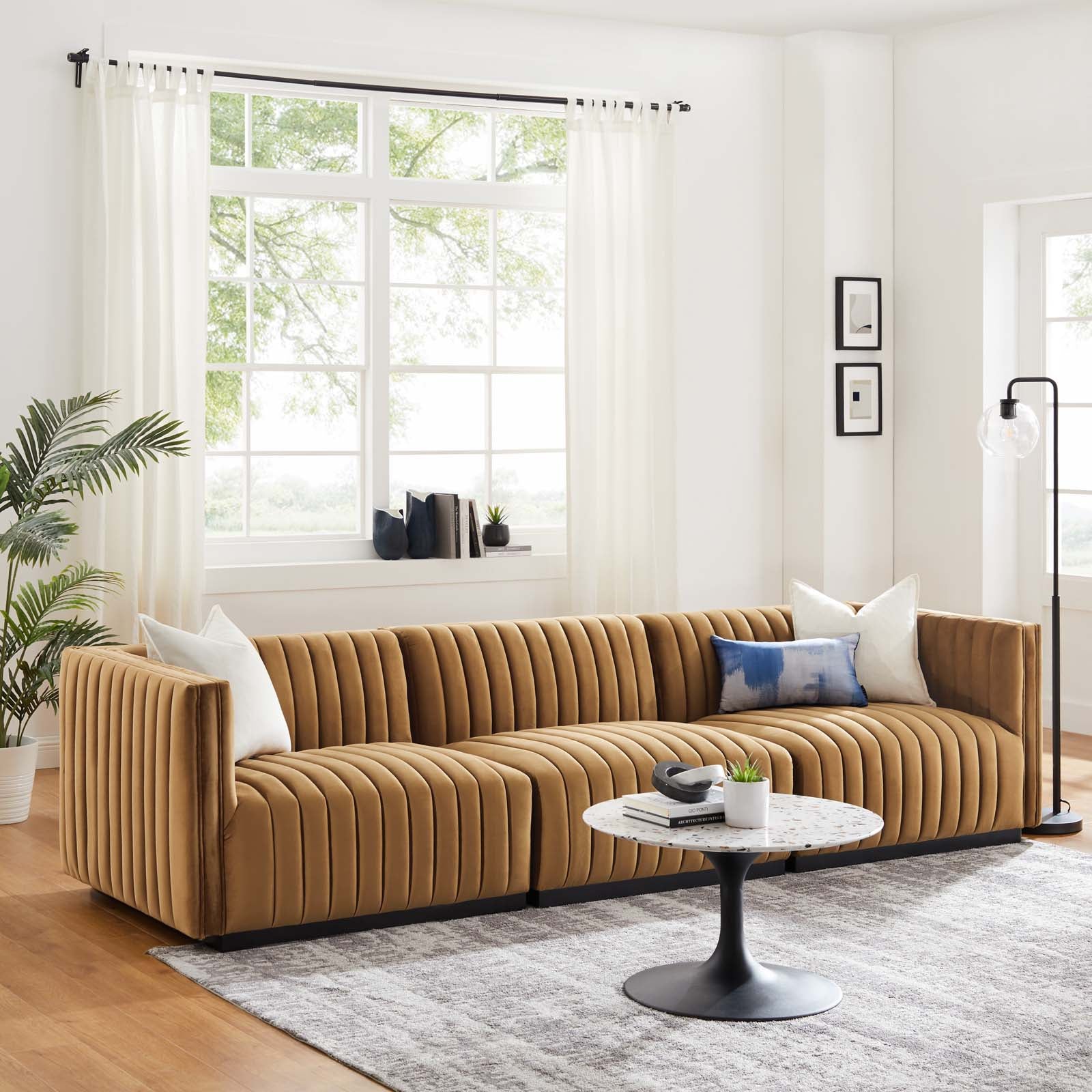 Modway Sofas & Couches - Conjure Channel Tufted Performance Velvet Sofa Black Cognac
