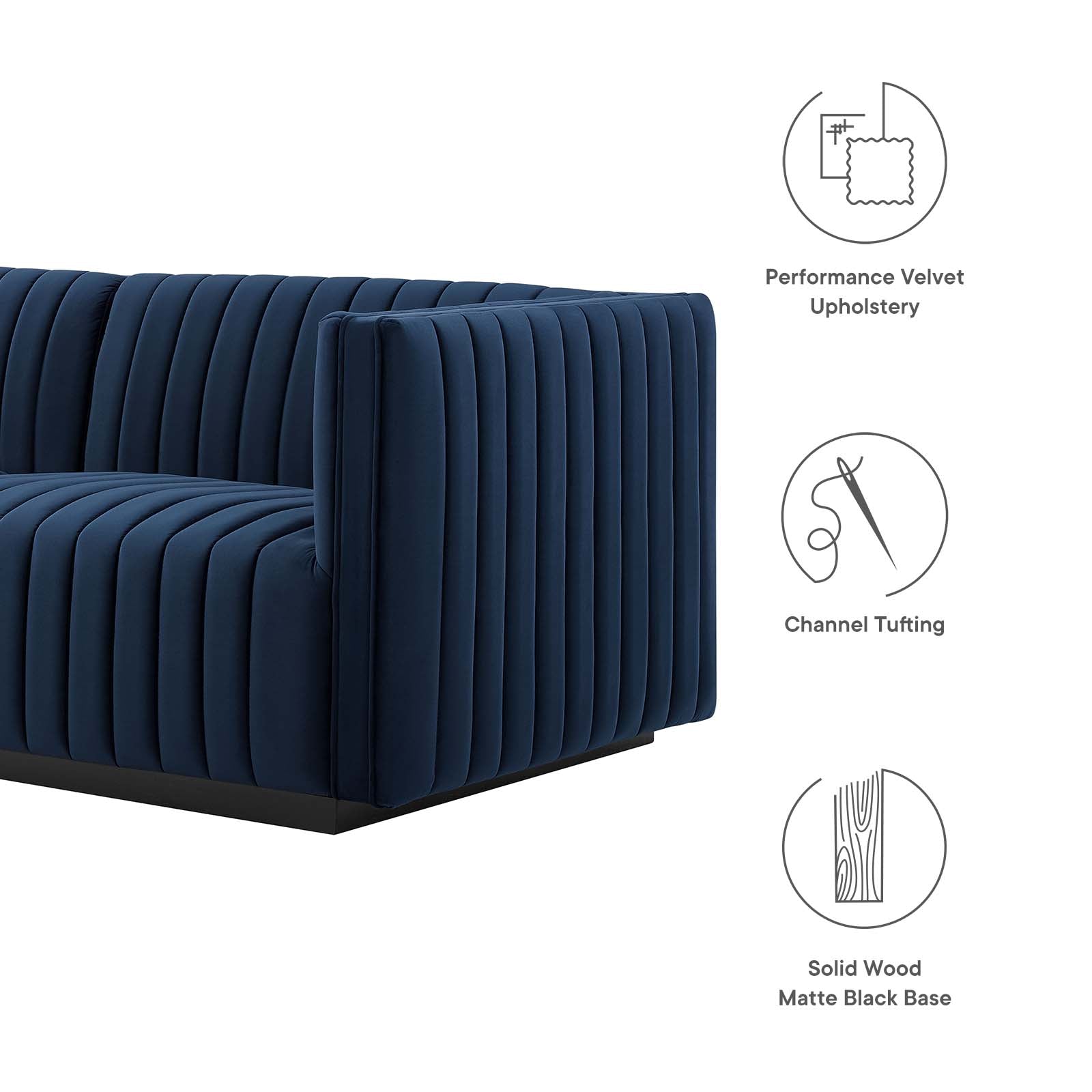 Modway Sofas & Couches - Conjure Channel Tufted Performance Velvet Sofa Black Midnight Blue