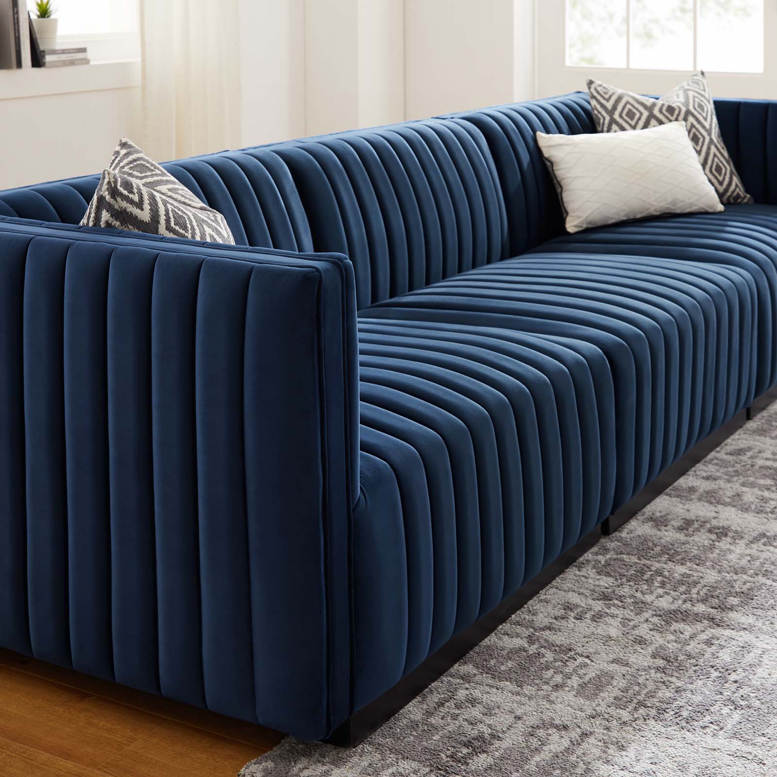 Modway Sofas & Couches - Conjure Channel Tufted Performance Velvet Sofa Black Midnight Blue