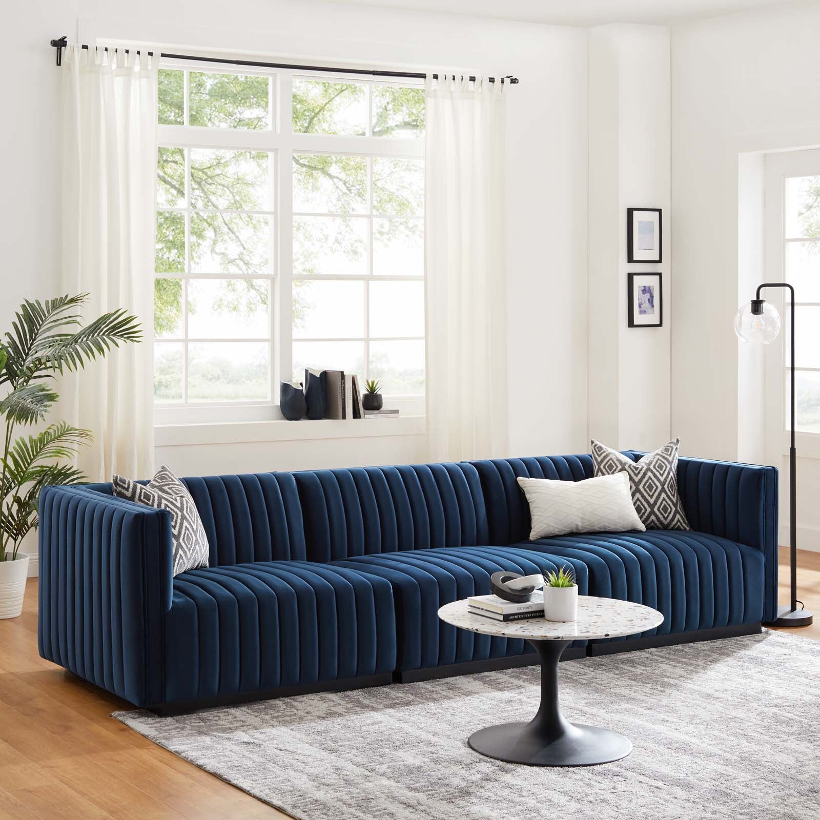 Modway Sofas & Couches - Conjure Channel Tufted Performance Velvet Sofa Black Midnight Blue