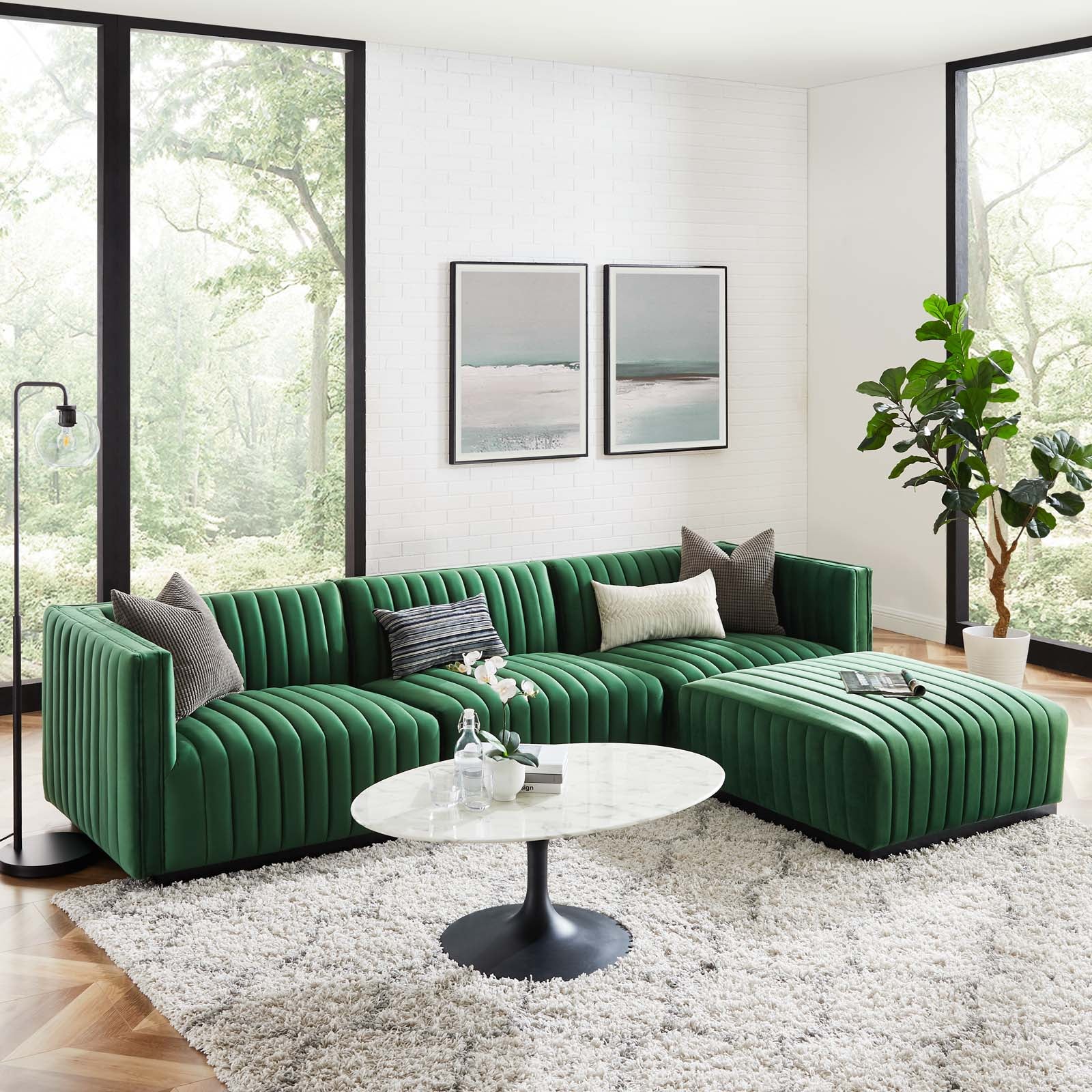 Modway Sectional Sofas - Conjure Channel Tufted Performance 28 " H Velvet 4-Piece Sectional Black Emerald