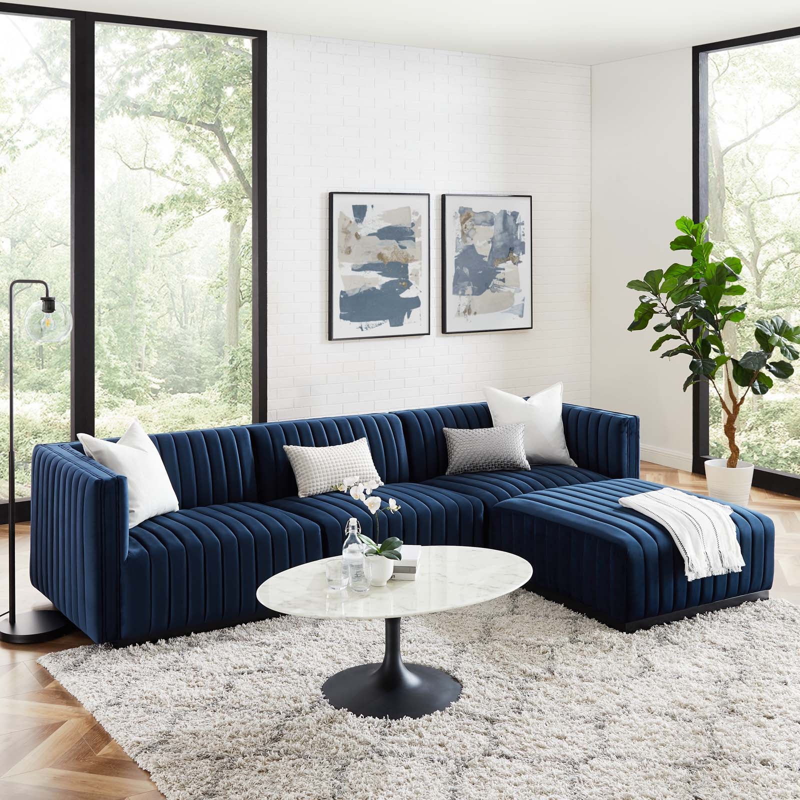 Modway Sectional Sofas - Conjure Channel Tufted Performance Velvet 4-Piece Sectional 28 " H Black Midnight Blue