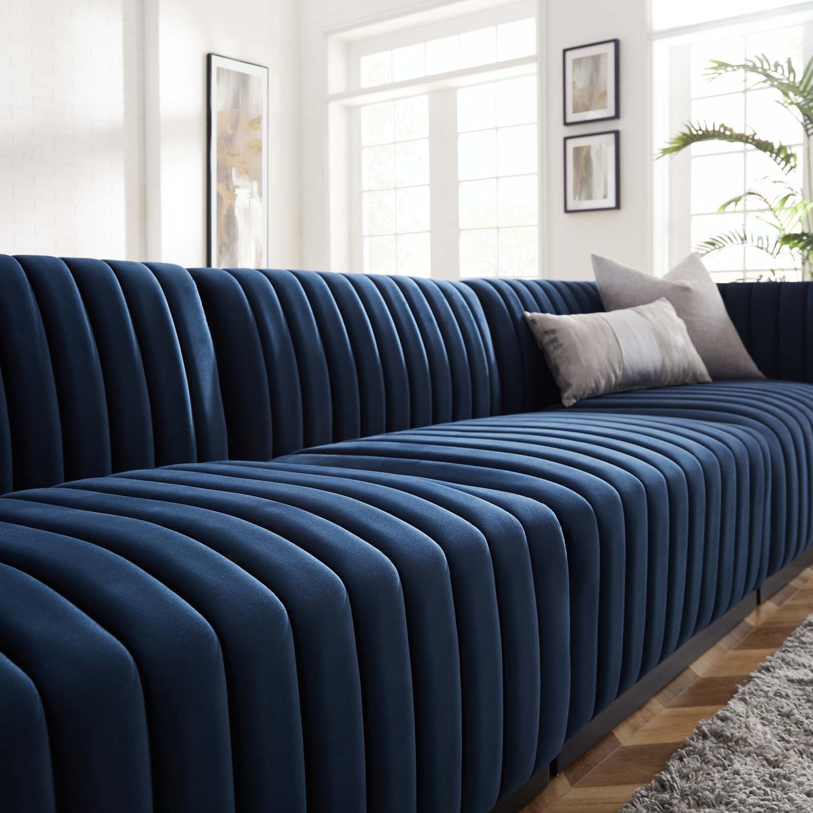 Modway Sofas & Couches - Conjure Channel Tufted Performance Velvet 4-Piece Sofa Black Midnight Blue
