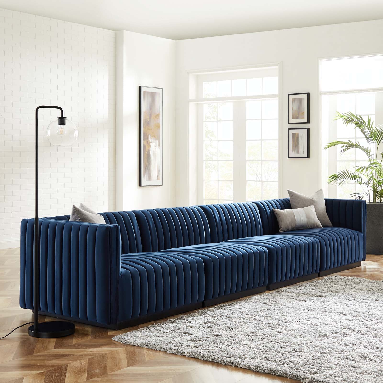 Modway Sofas & Couches - Conjure Channel Tufted Performance Velvet 4-Piece Sofa Black Midnight Blue