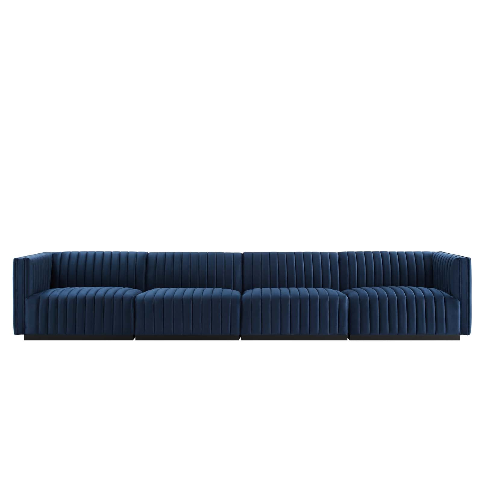 Modway Sofas & Couches - Conjure Channel Tufted Performance Velvet 4-Piece Sofa Black Midnight Blue