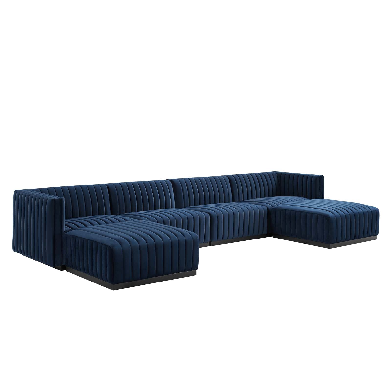 Modway Sectional Sofas - Conjure Channel Tufted Performance Plywood Velvet 6-Piece Sectional Black Midnight Blue