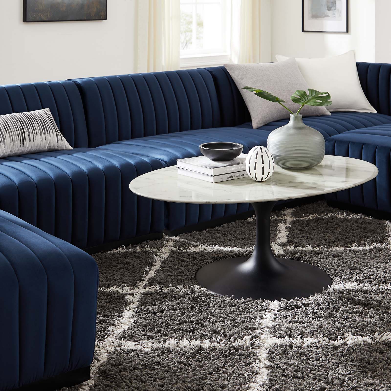 Modway Sectional Sofas - Conjure Channel Tufted Performance Plywood Velvet 6-Piece Sectional Black Midnight Blue