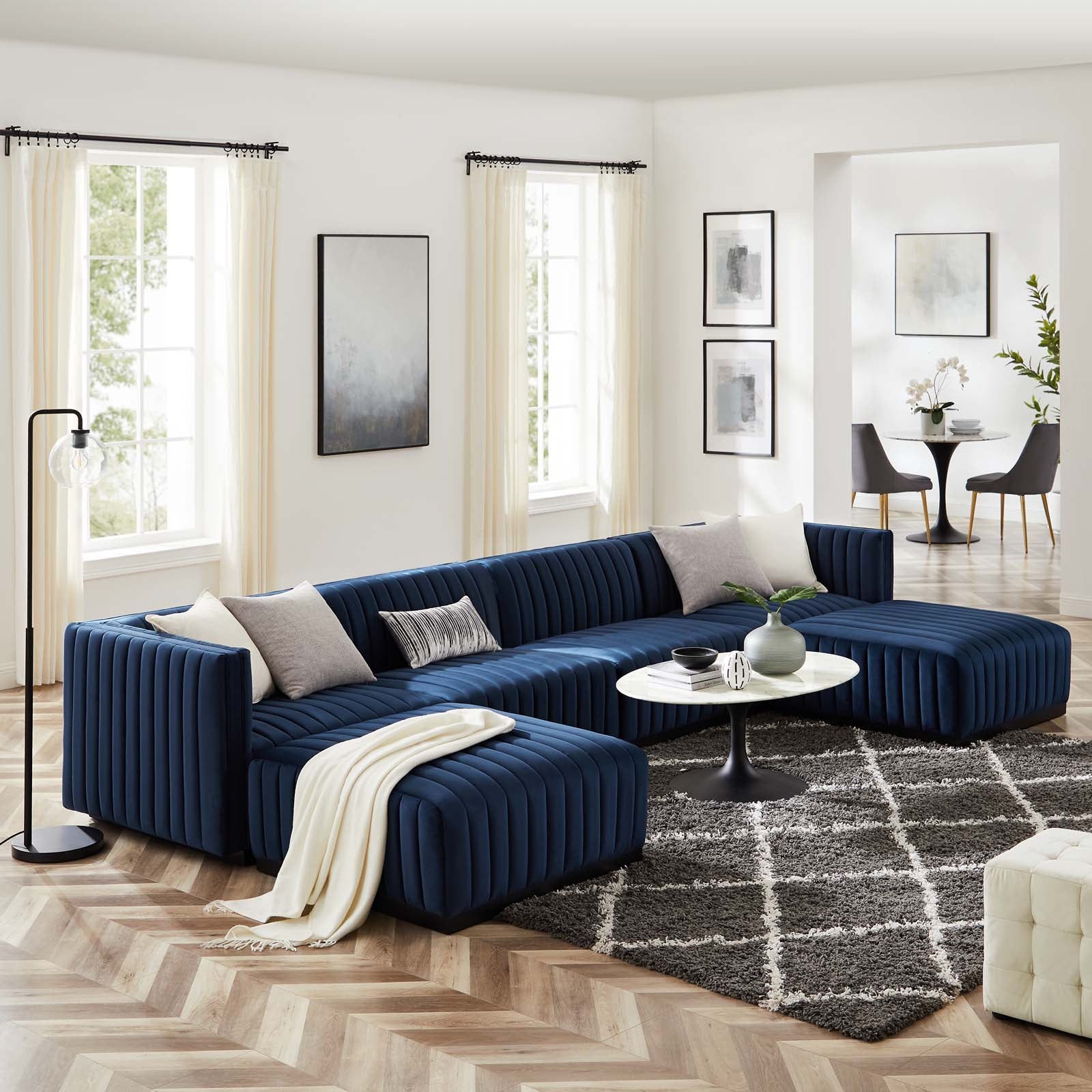 Modway Sectional Sofas - Conjure Channel Tufted Performance Plywood Velvet 6-Piece Sectional Black Midnight Blue