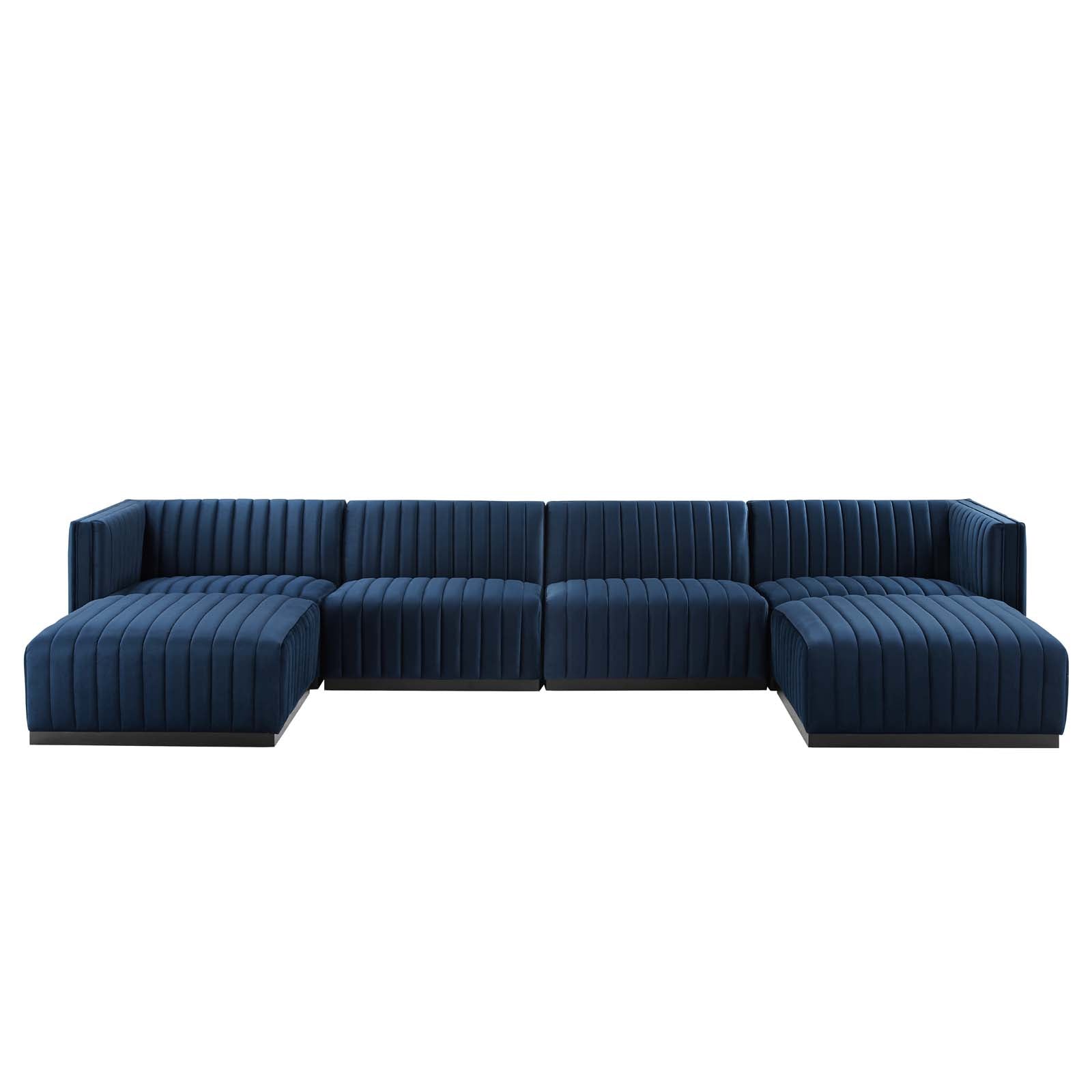 Modway Sectional Sofas - Conjure Channel Tufted Performance Plywood Velvet 6-Piece Sectional Black Midnight Blue
