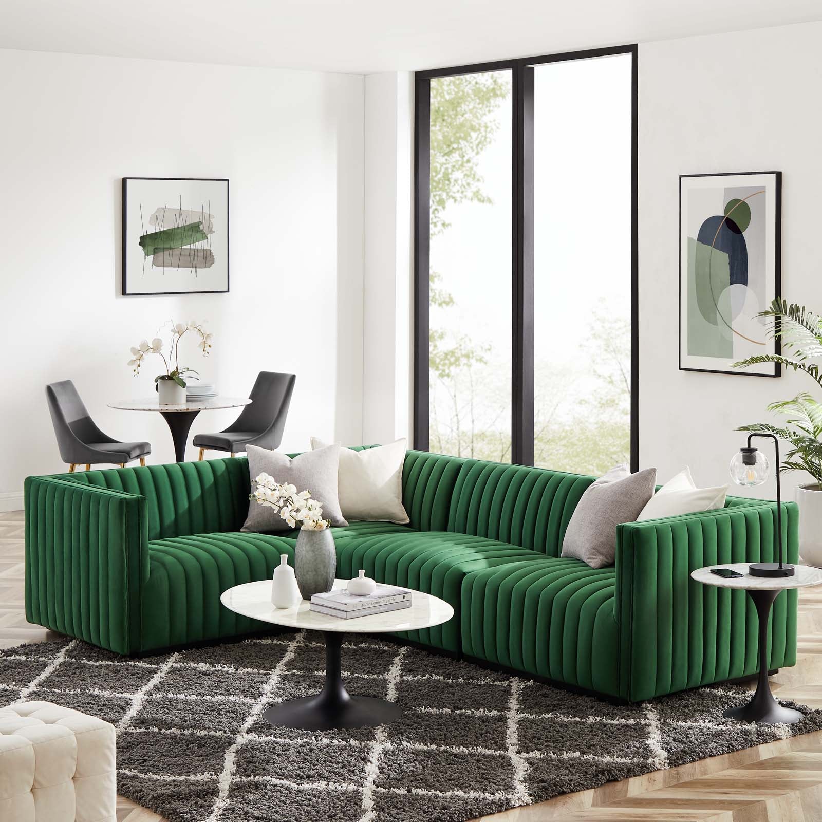 Modway Sectional Sofas - Conjure Channel Tufted Performance Plywood Velvet 4-Piece Sectional Black Emerald