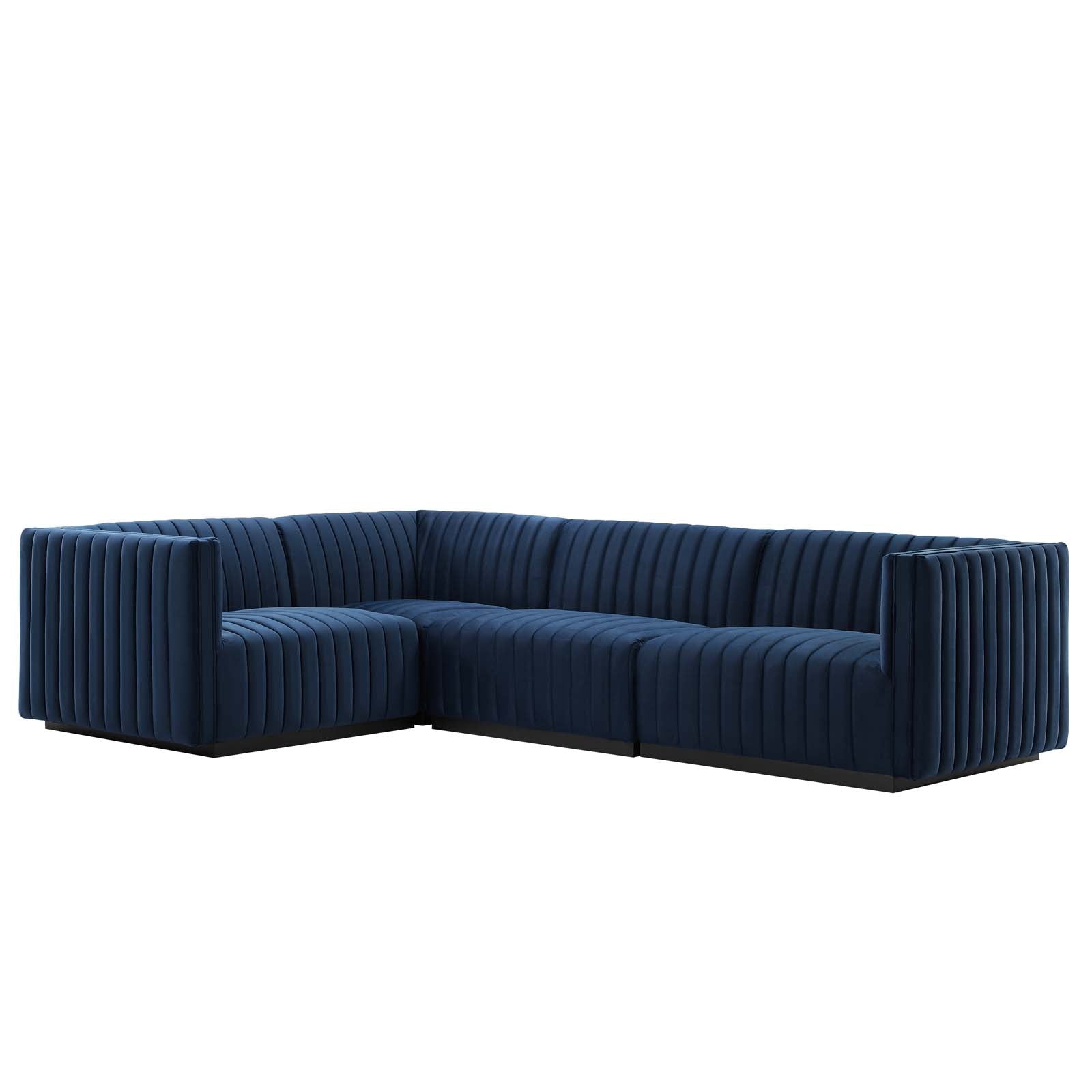 Modway Sectional Sofas - Conjure Channel Tufted Performance Plywood Velvet 4-Piece Sectional Black Midnight Blue
