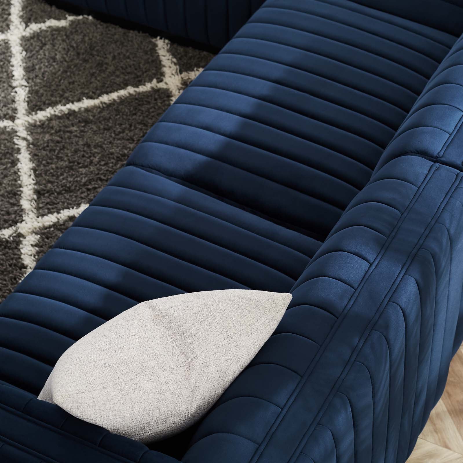Modway Sectional Sofas - Conjure Channel Tufted Performance Plywood Velvet 4-Piece Sectional Black Midnight Blue