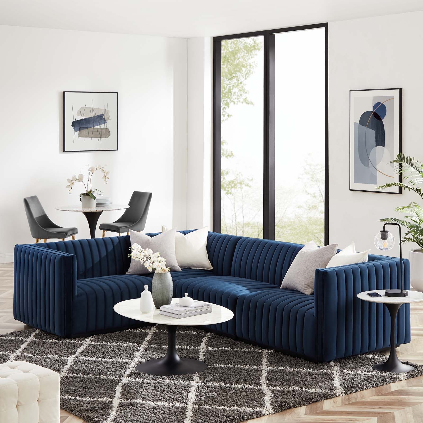 Conjure Channel Tufted Performance Plywood Velvet 4 Piece Sectional Black Midnight Blue