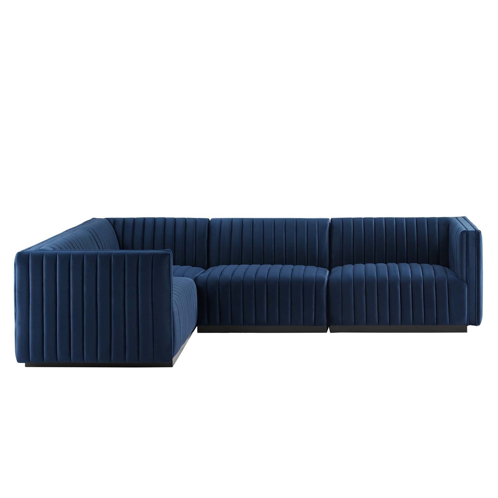 Modway Sectional Sofas - Conjure Channel Tufted Performance Plywood Velvet 4-Piece Sectional Black Midnight Blue