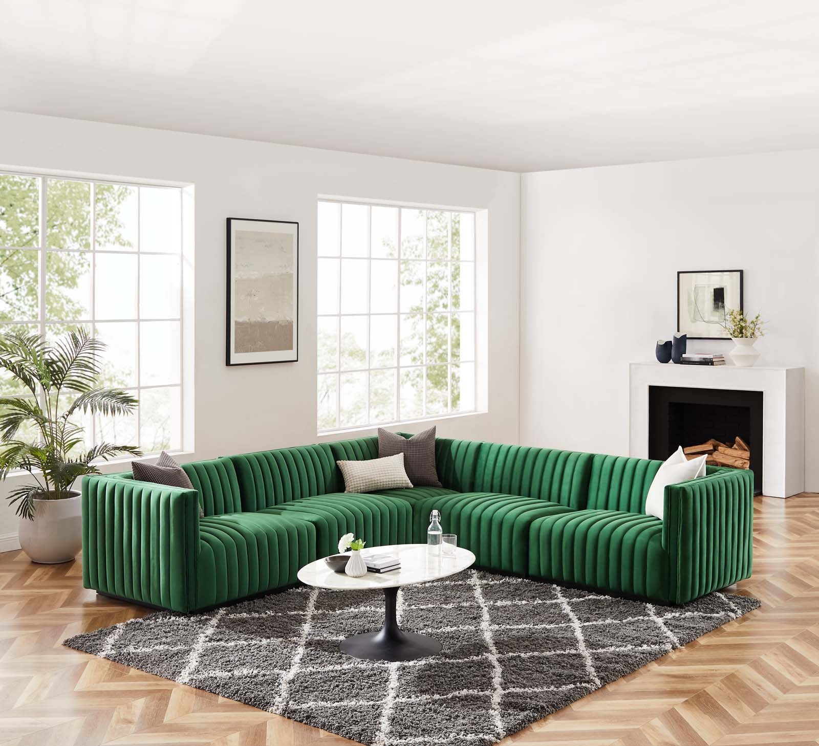 Modway Sectional Sofas - Conjure Channel Tufted Performance 109" W Velvet 5-Piece Sectional Black Emerald