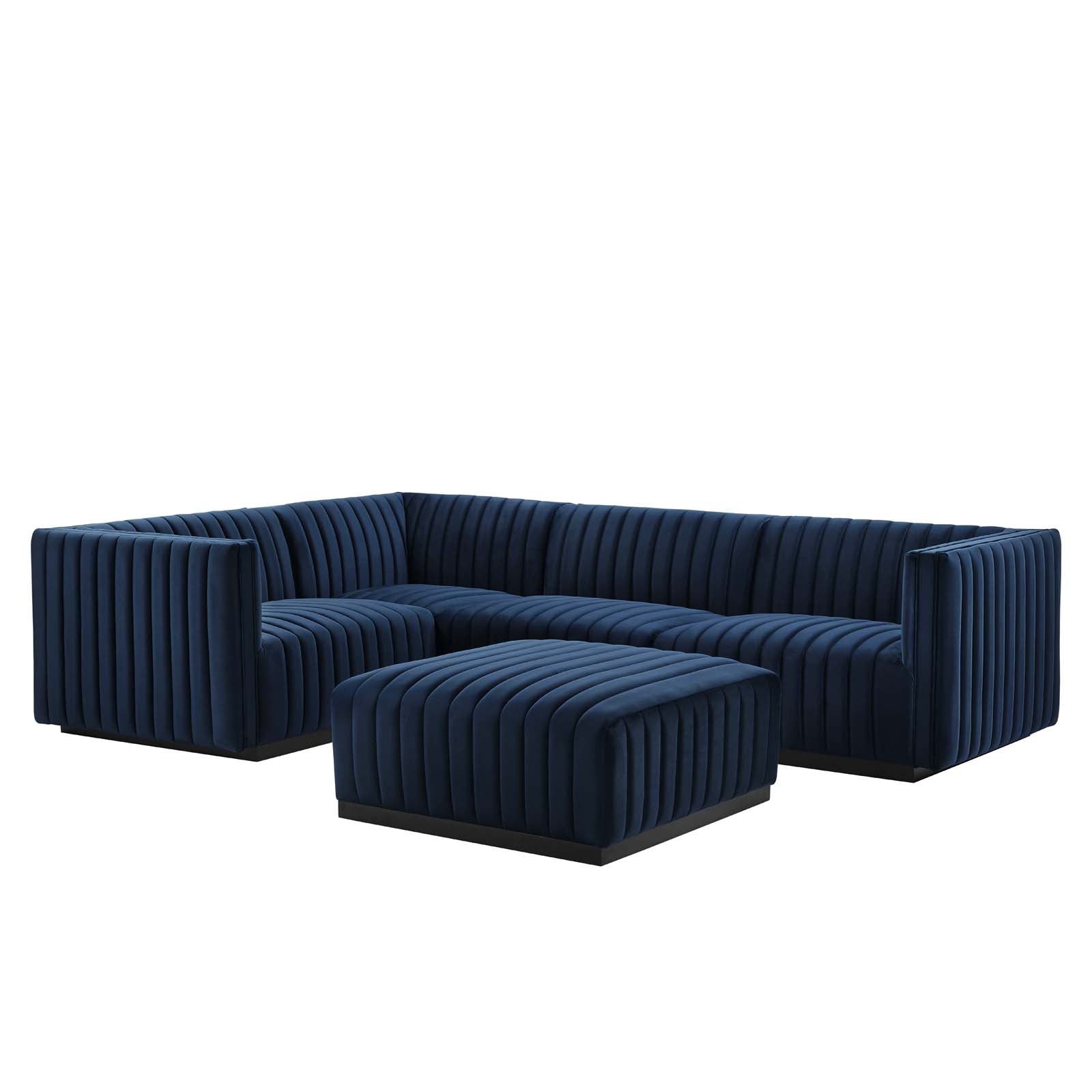 Modway Sectional Sofas - Conjure Channel Tufted Performance Velvet 119"W 5-Piece Sectional Black Midnight Blue