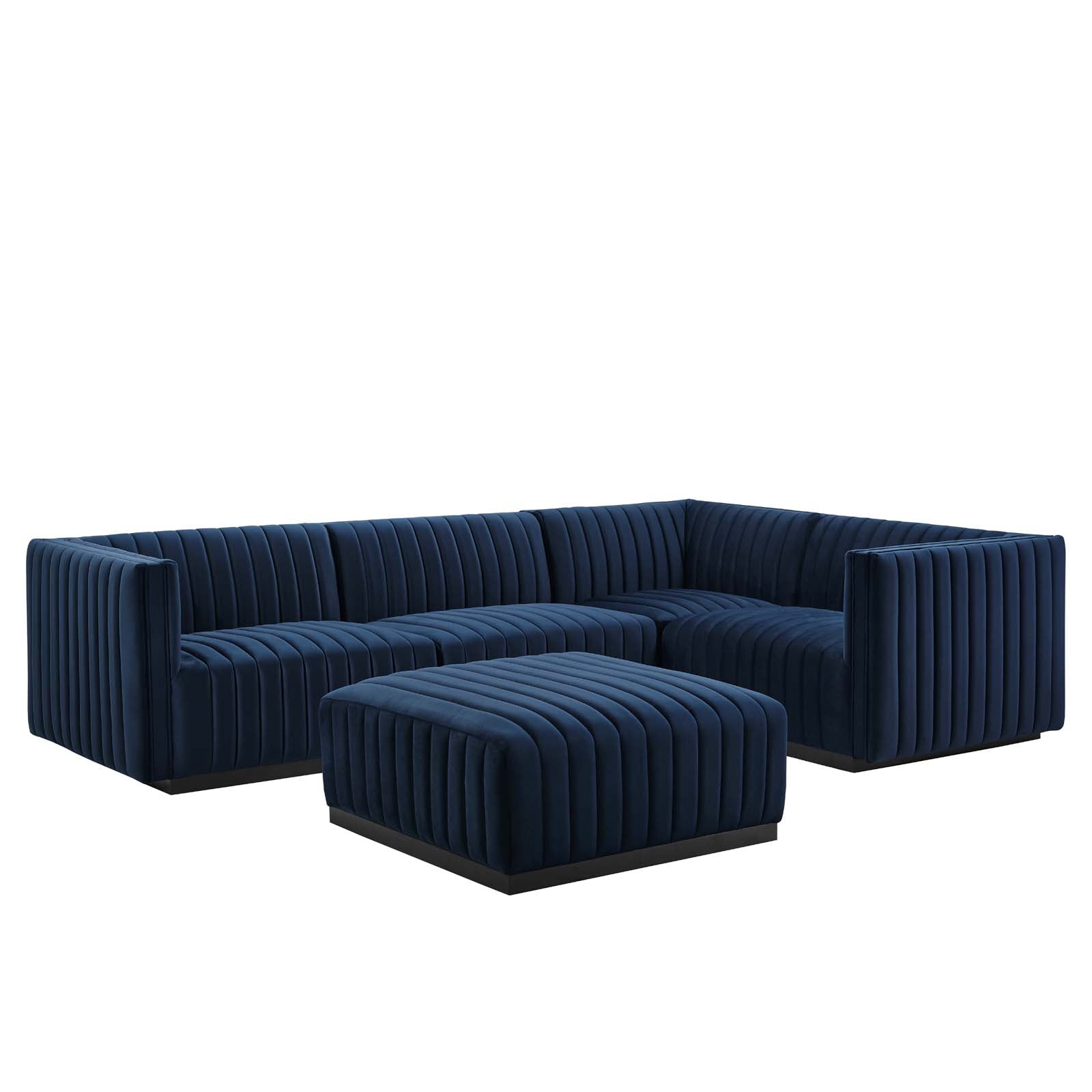 Modway Sectional Sofas - Conjure Channel Tufted Performance Velvet 5-Piece Sectional Black Midnight Blue