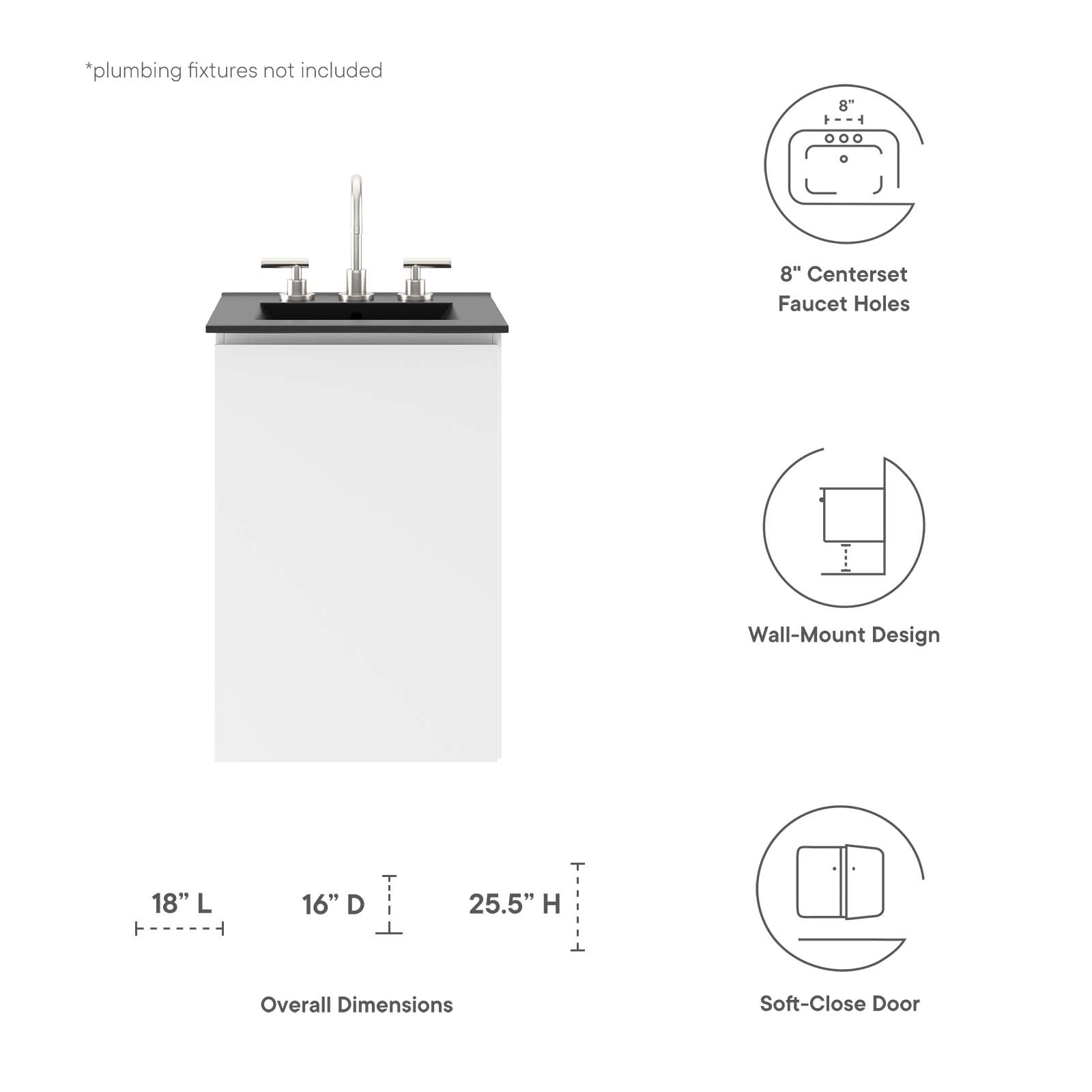 Modway Bathroom Vanity - Bryn 18" Wall-Mount Bathroom Vanity White Black