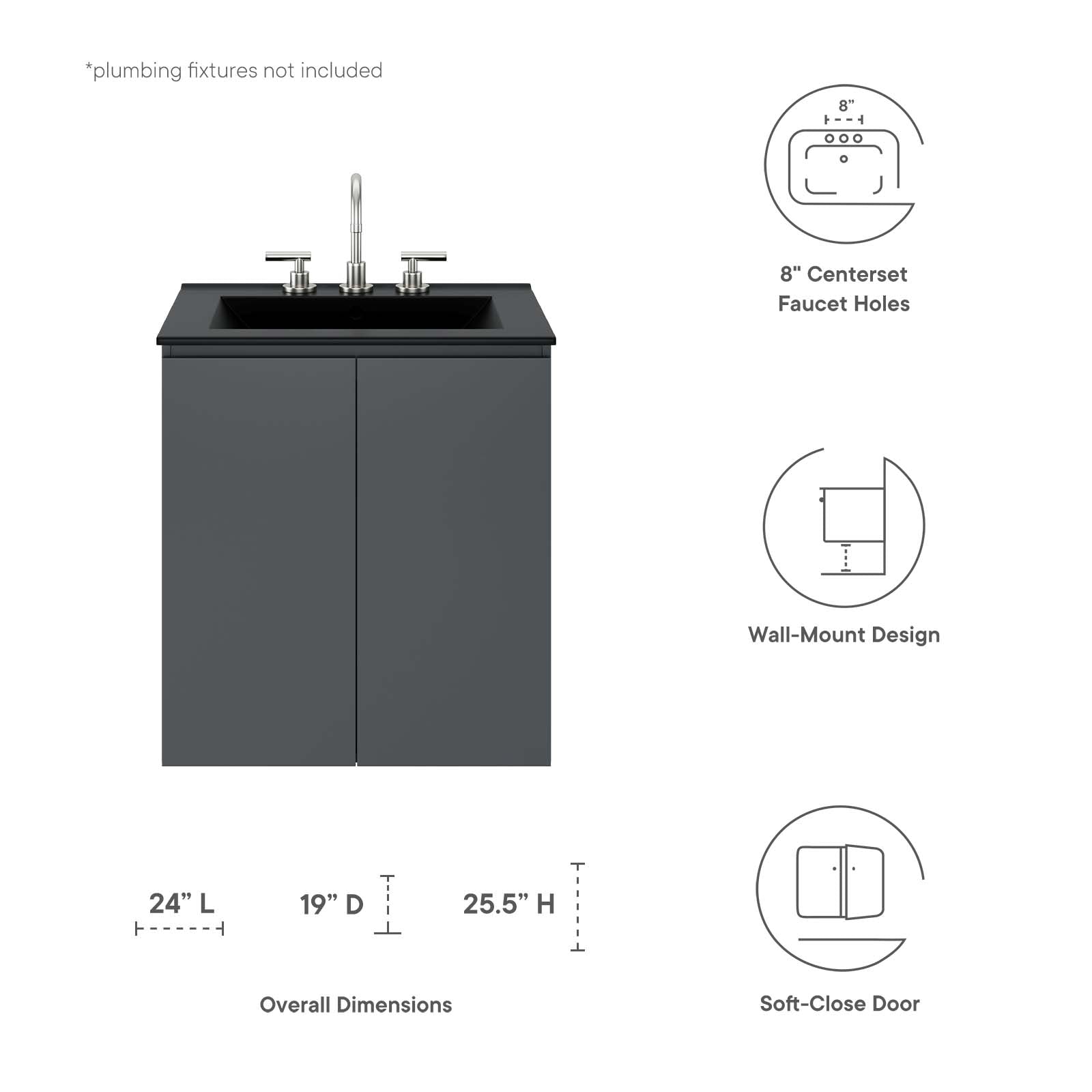 Modway Bathroom Vanity - Bryn 24" Wall-Mount Bathroom Vanity Gray Black