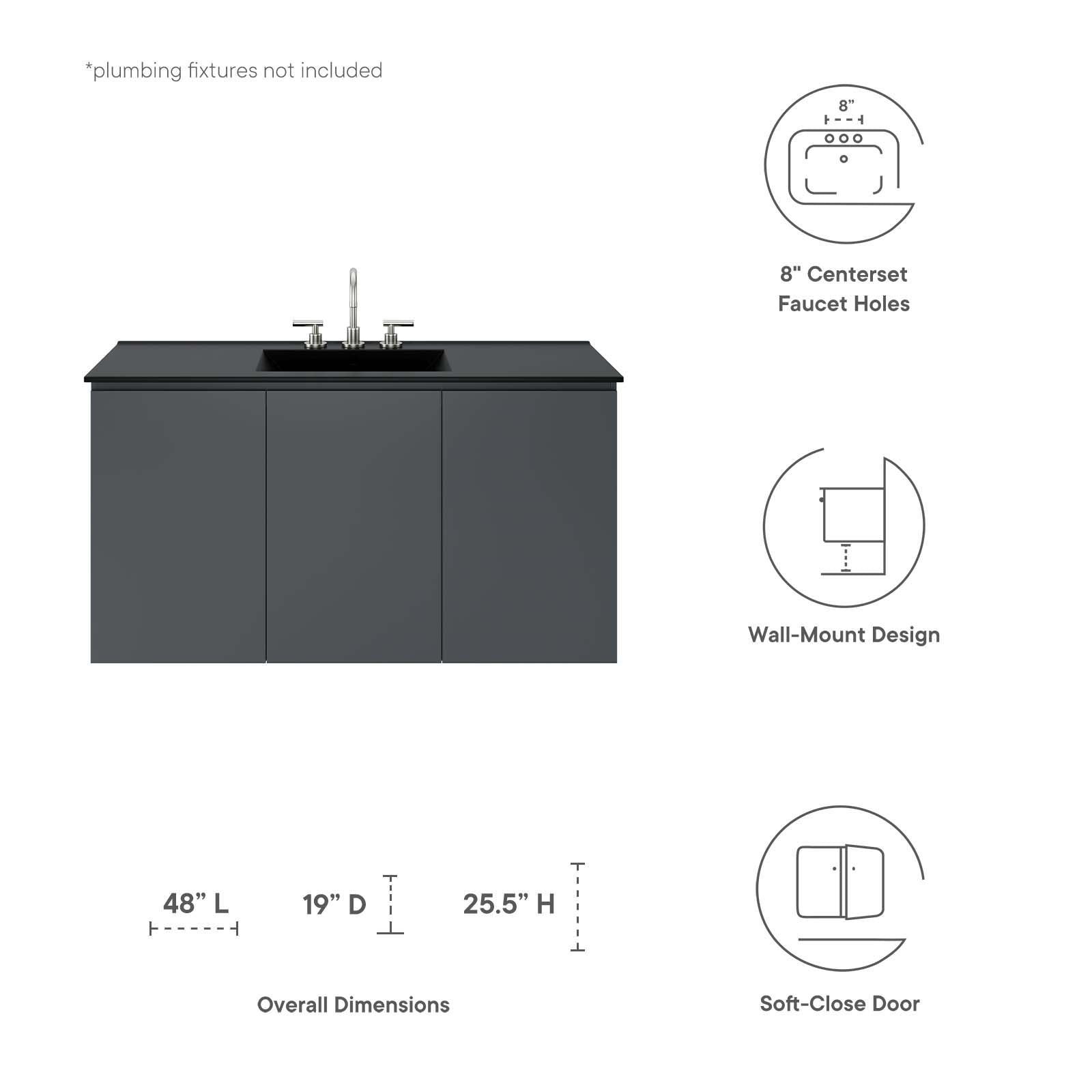 Modway Bathroom Vanity - Bryn 48" Wall-Mount Bathroom Vanity Gray Black
