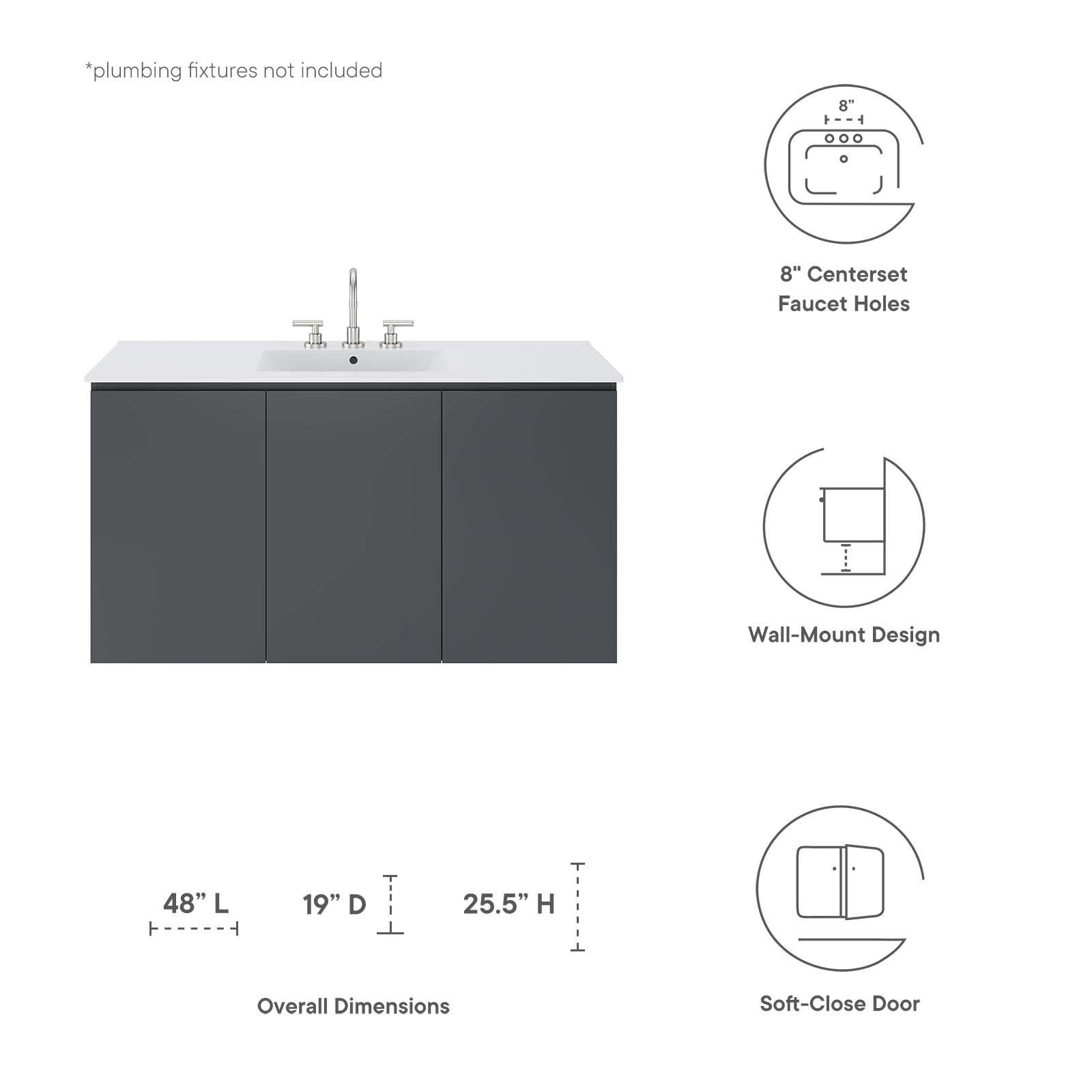 Modway Bathroom Vanity - Bryn 48" Wall-Mount Bathroom Vanity Gray White