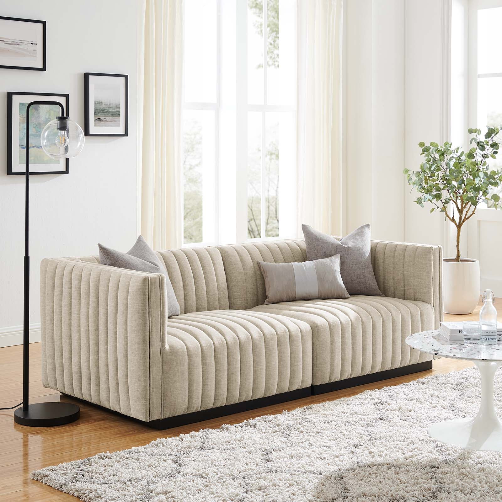 Modway Loveseats - Conjure Channel Tufted Upholstered Fabric Loveseat Black Beige