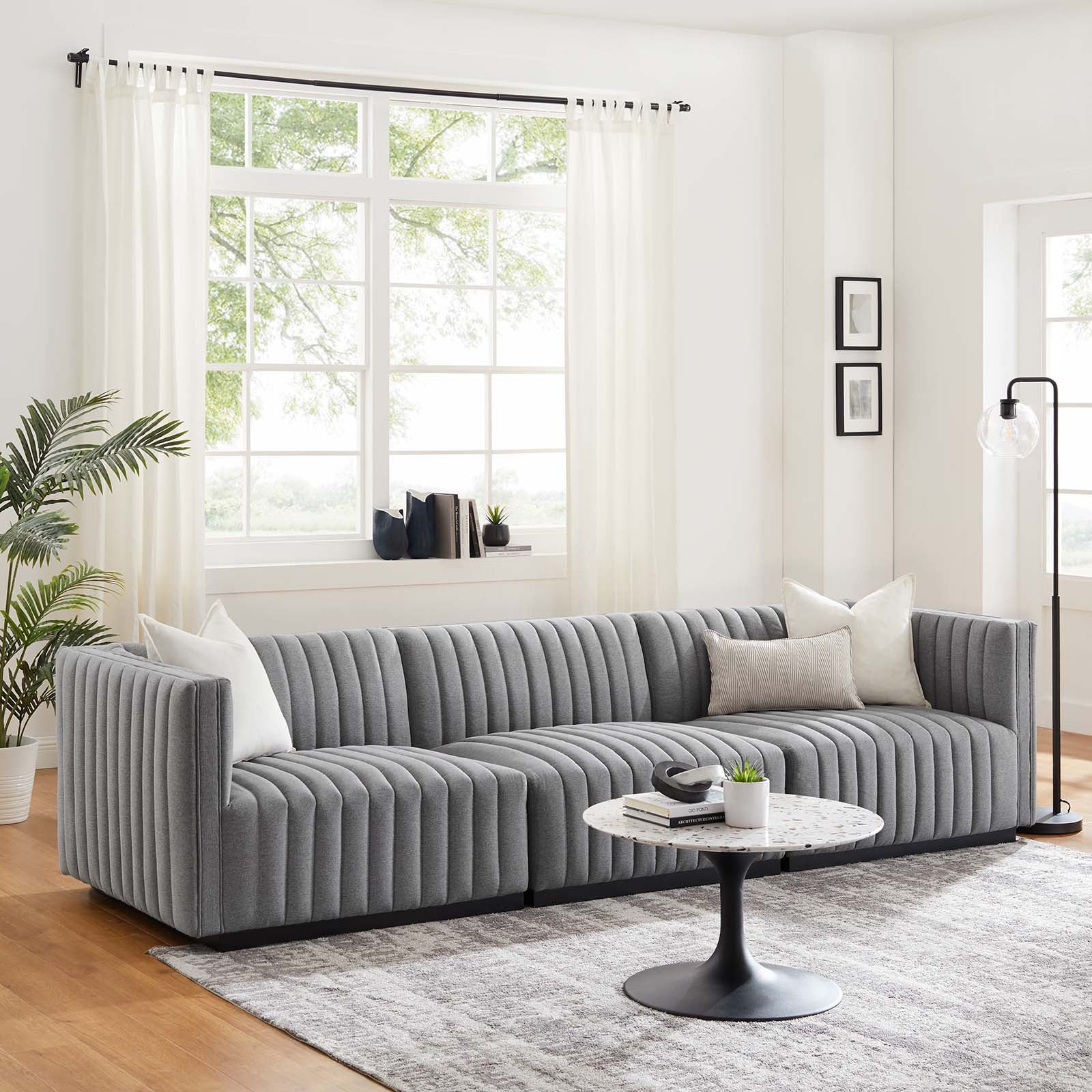 Modway Sofas & Couches - Conjure Channel Tufted Upholstered Fabric Sofa Black Light Gray